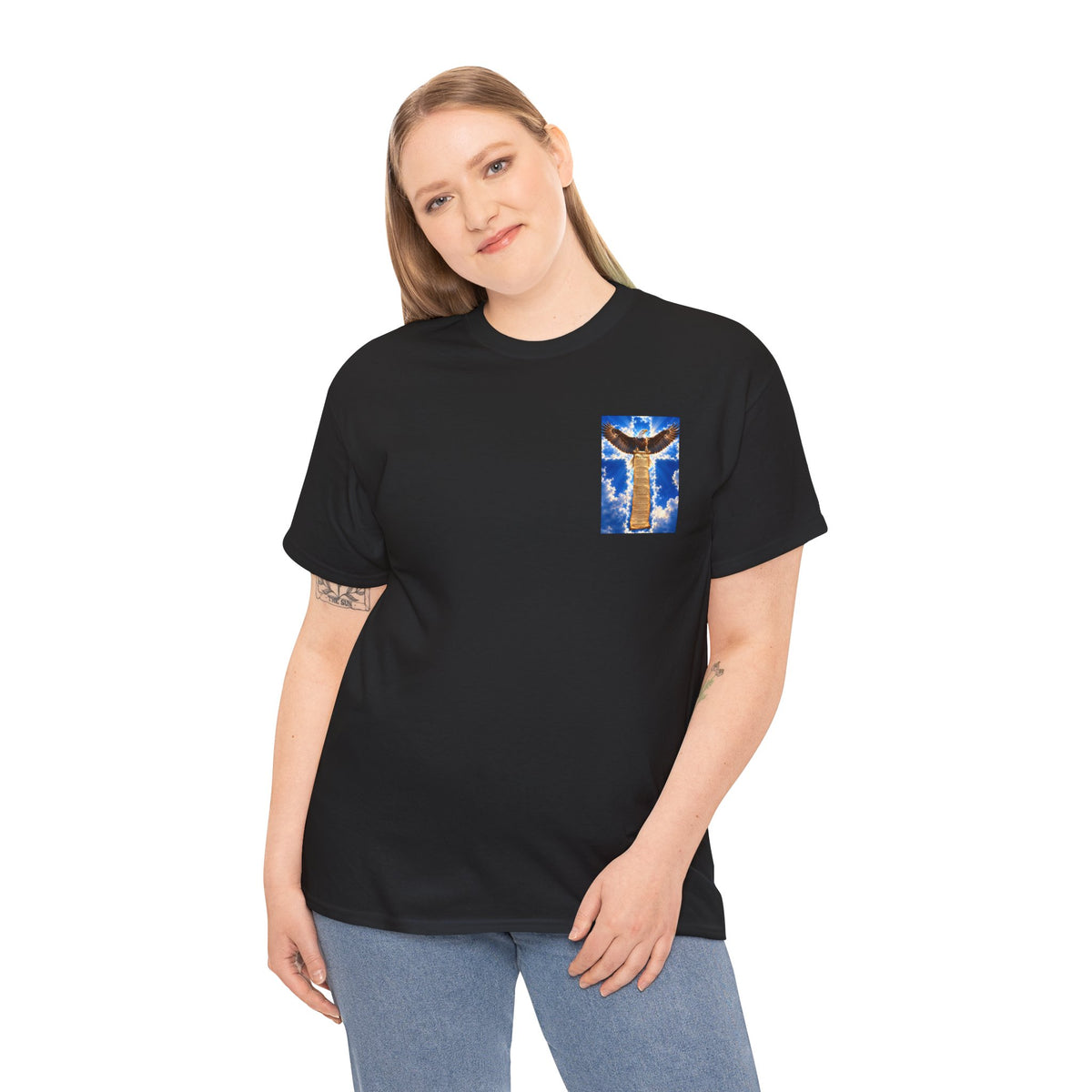 Eagle Crossback T‑Shirt – Soaring Eagle Over Golden Cross Sky Graphic Tee