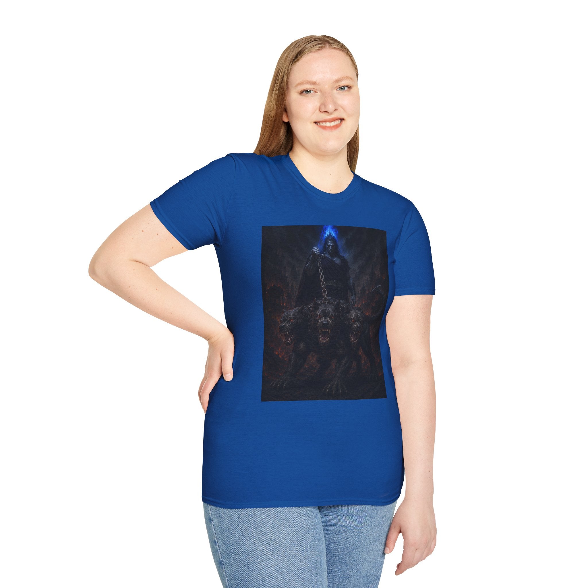 Dark Hades T-Shirt — Hades & Cerberus Design with Blue Flame Hood