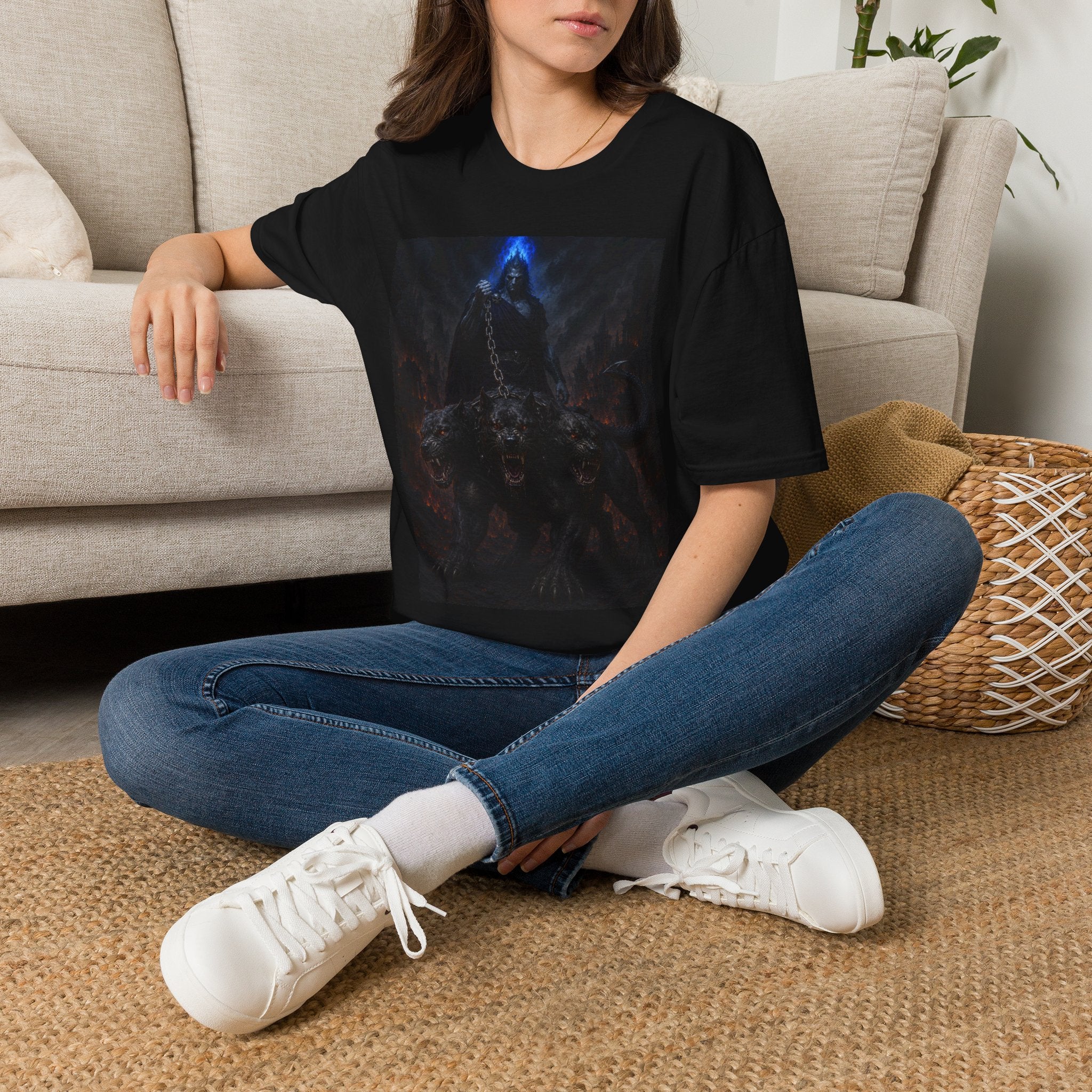 Dark Hades T-Shirt — Hades & Cerberus Design with Blue Flame Hood