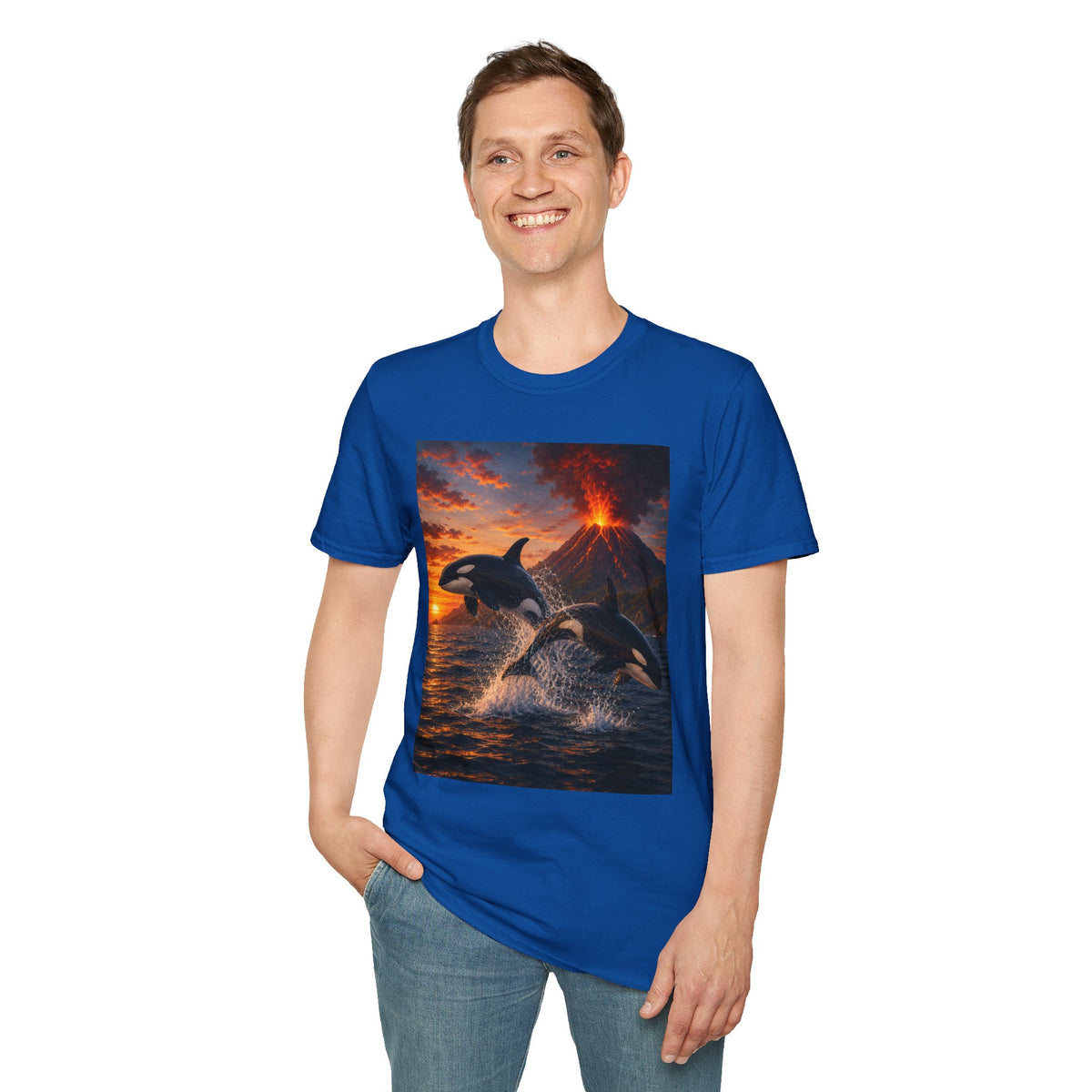 Orca & Erupting Volcano T‑Shirt — Dramatic Sunset Ocean Whale Graphic
