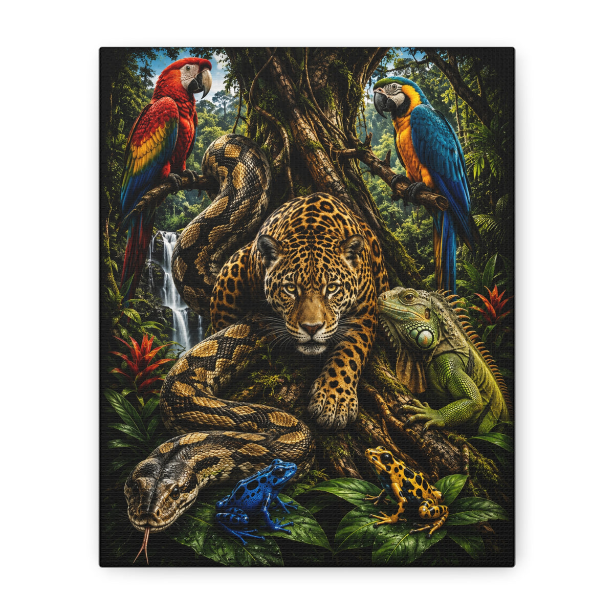 Jungle Wildlife Canvas Print — Jaguar, Parrot & Reptile Tropical Wall Art