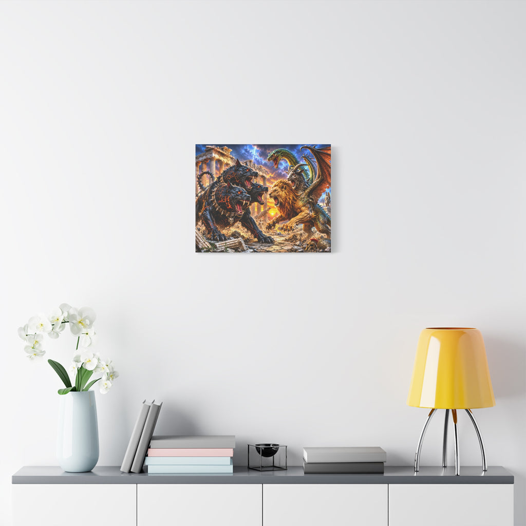 Mythic Monster Battle Matte Canvas Wall Art — Cerberus vs Chimera Fantasy Print