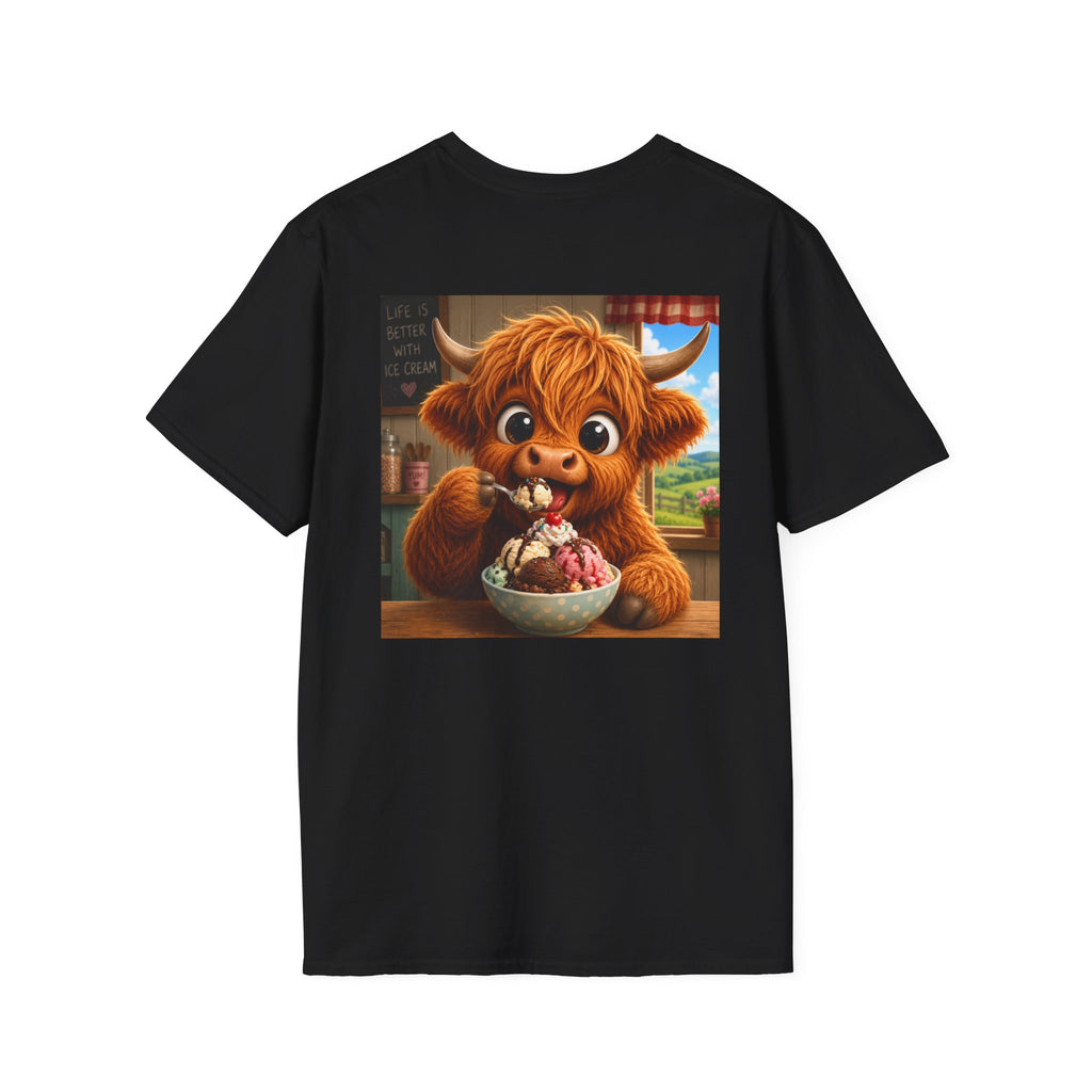 Highland Cow T‑Shirt — Cartoon  Eating Ice Cream