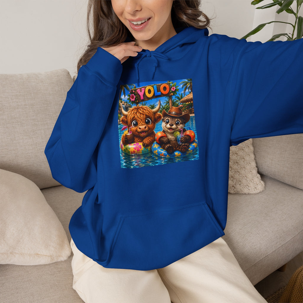 Cute highland cow and otter Hoodie – Colorful Cartoon Design