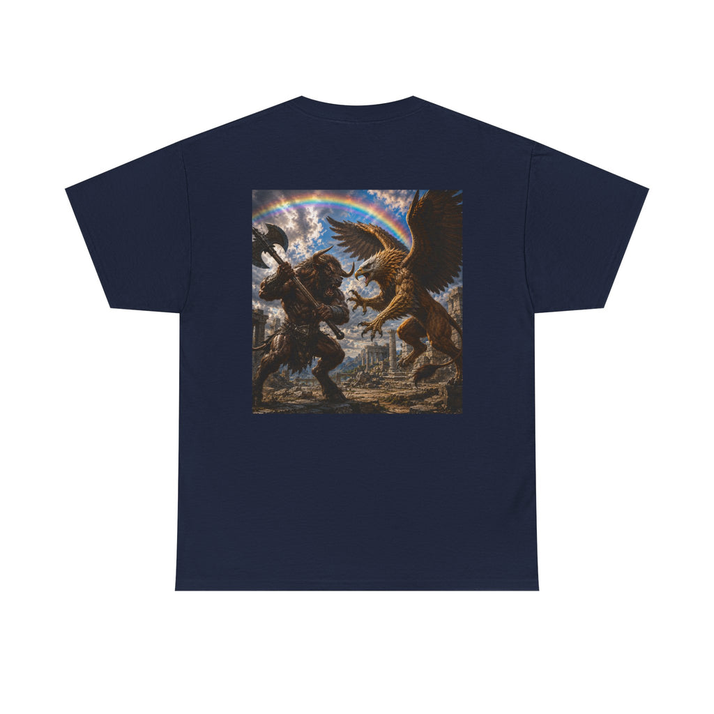 Mythic Battle Graphic Tee — gryphon vs. minatour Warrior Art Shirt