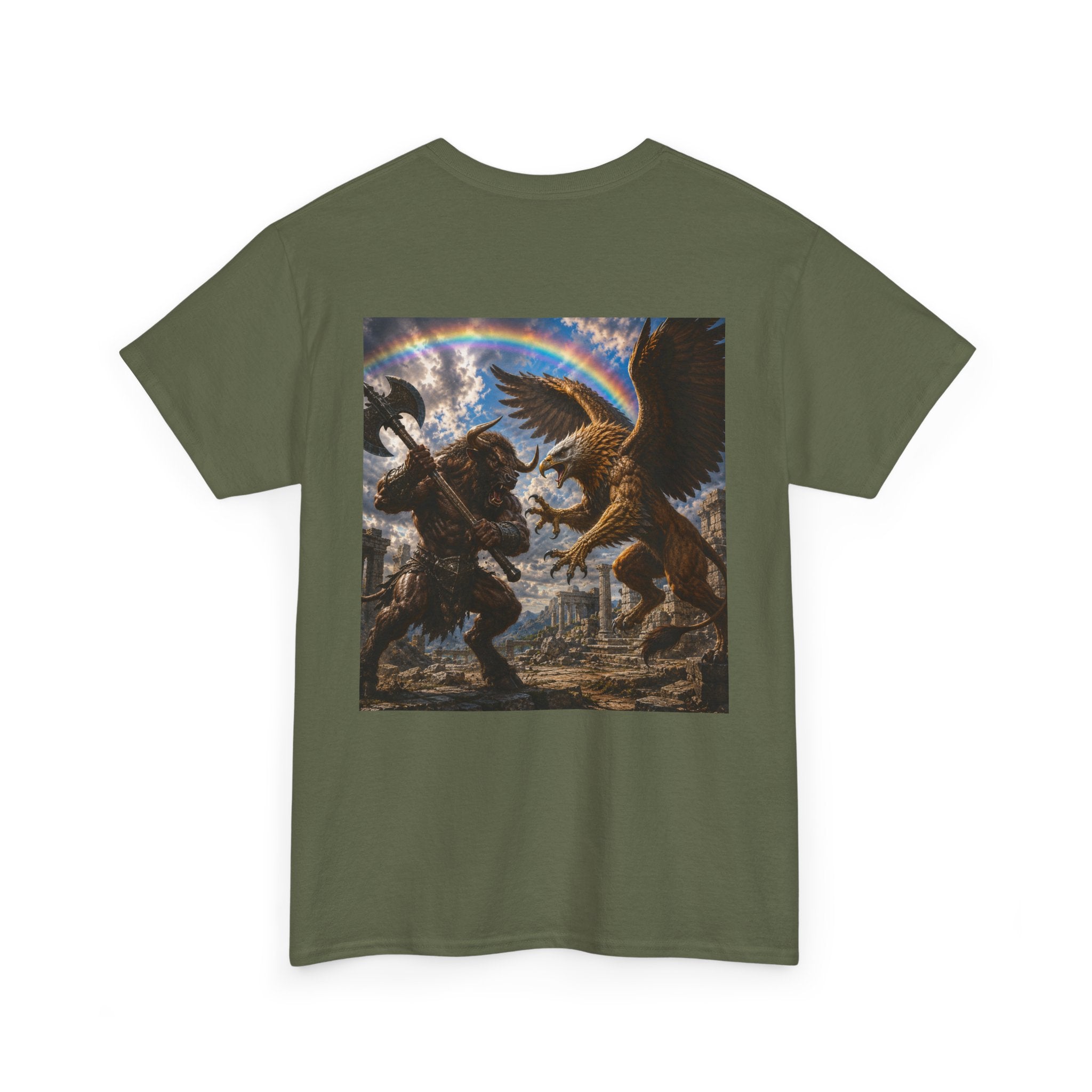 Mythic Battle Graphic Tee — gryphon vs. minatour Warrior Art Shirt