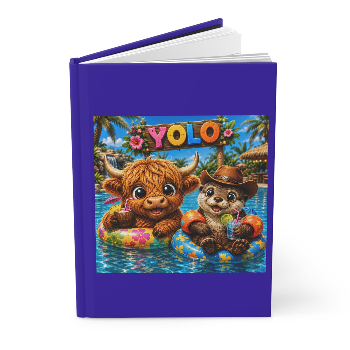 YOLO Summer Journal — Cute highland cow and otter Pool Hardcover Notebook