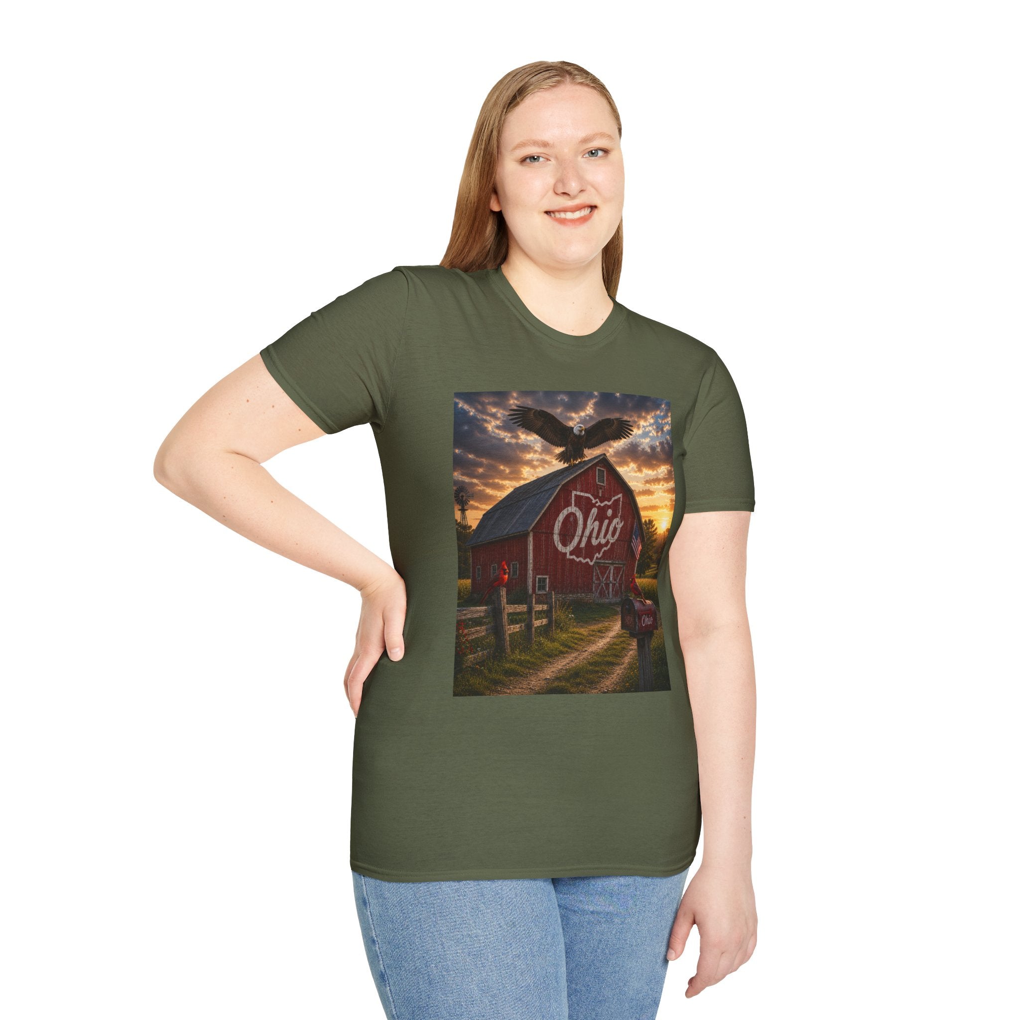 Ohio Barn Sunset T‑Shirt — Eagle Silhouette Rustic State Pride Tee