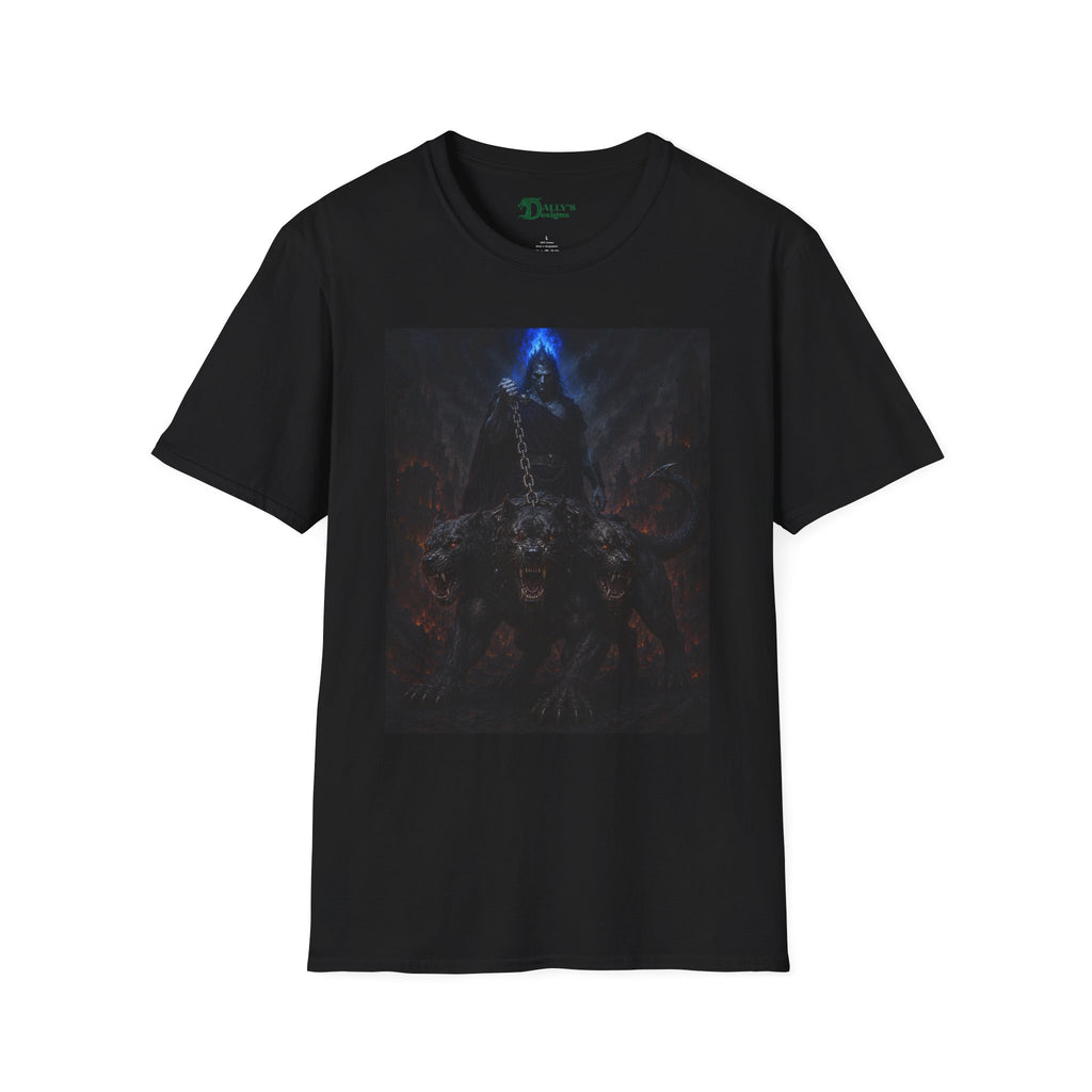 Dark Hades T-Shirt — Hades & Cerberus Design with Blue Flame Hood