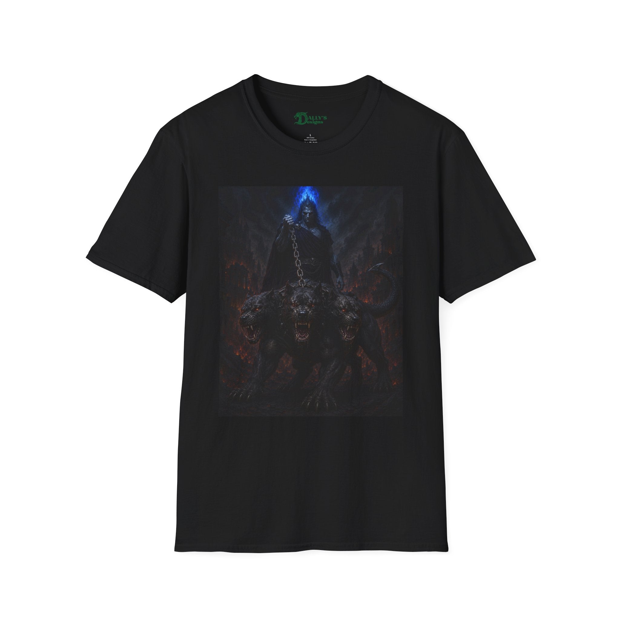 Dark Hades T-Shirt — Hades & Cerberus Design with Blue Flame Hood