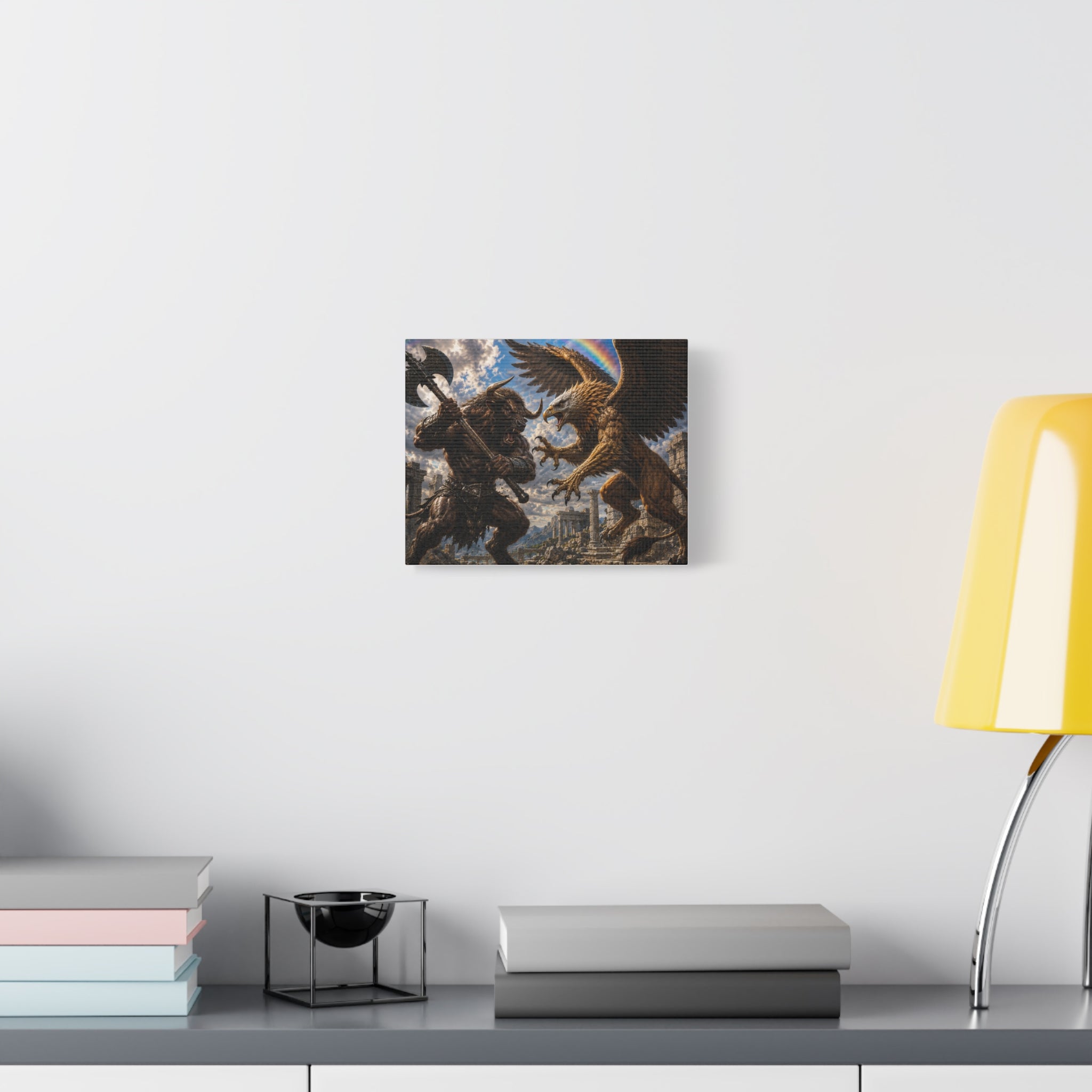 Fantasy Battle Canvas Print — Minotaur vs Gryphon Matte Stretched Wall Art