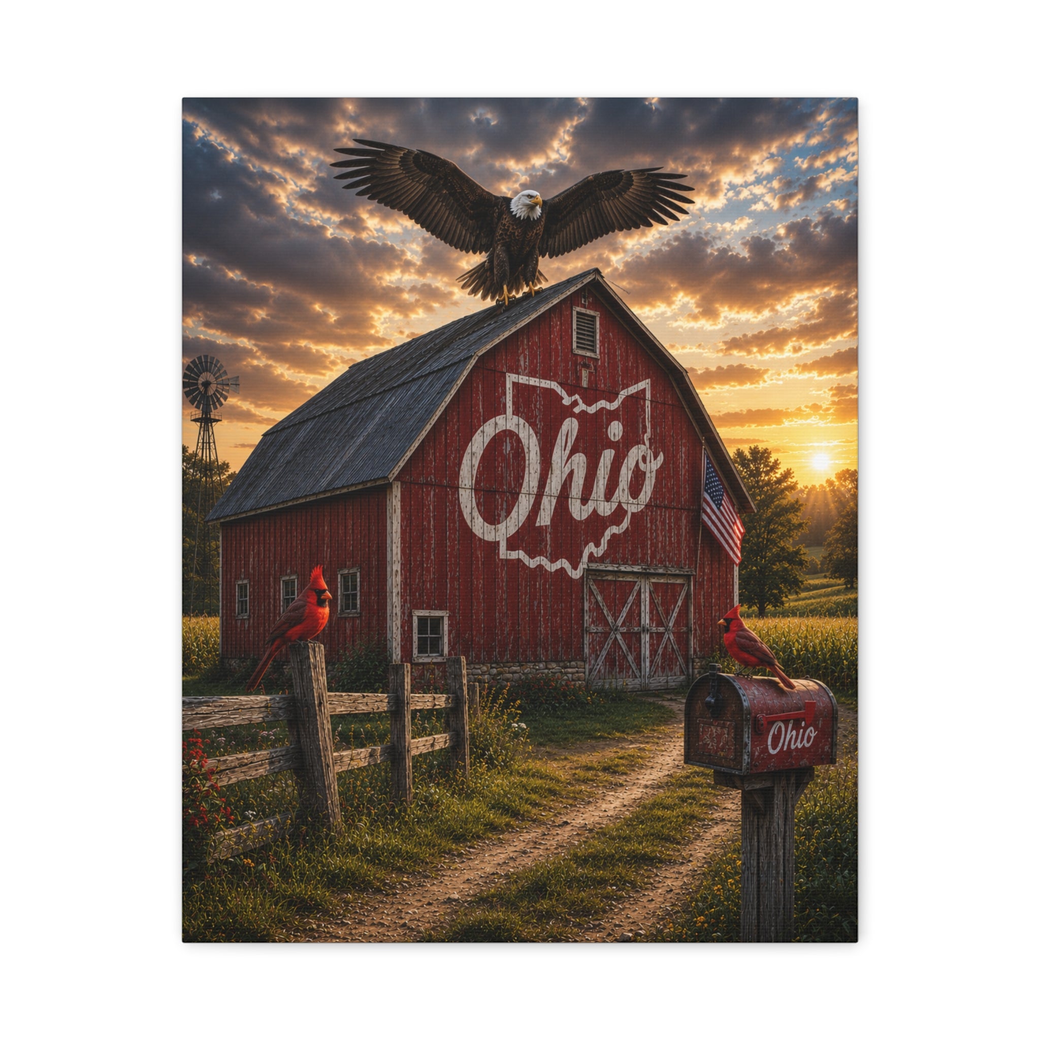 Ohio Barn Canvas Wall Art — Rustic Sunset Farm Scene with Bald Eagle & Cardinals