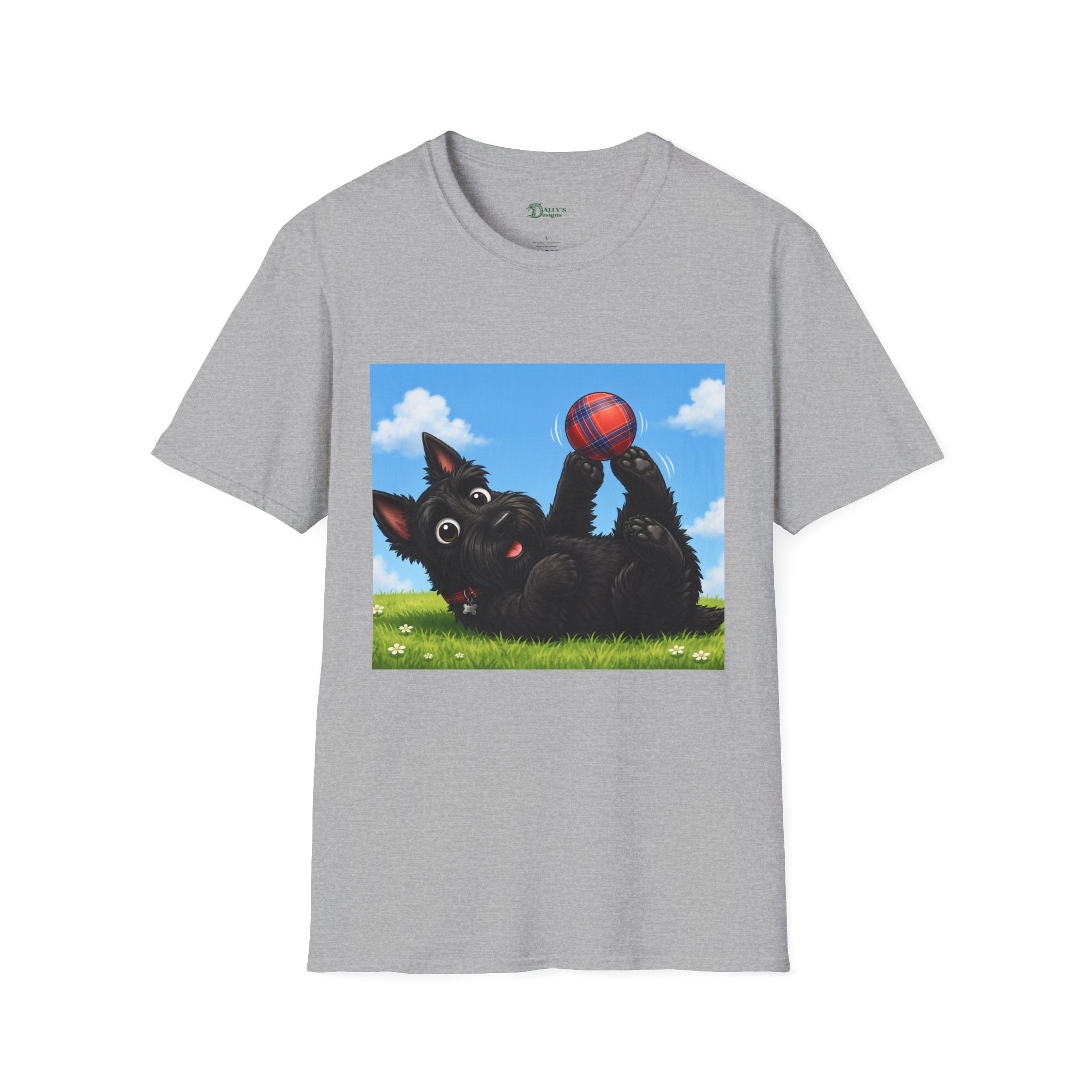 Playful Black Scottish Terrier Holding Plaid Ball shirt