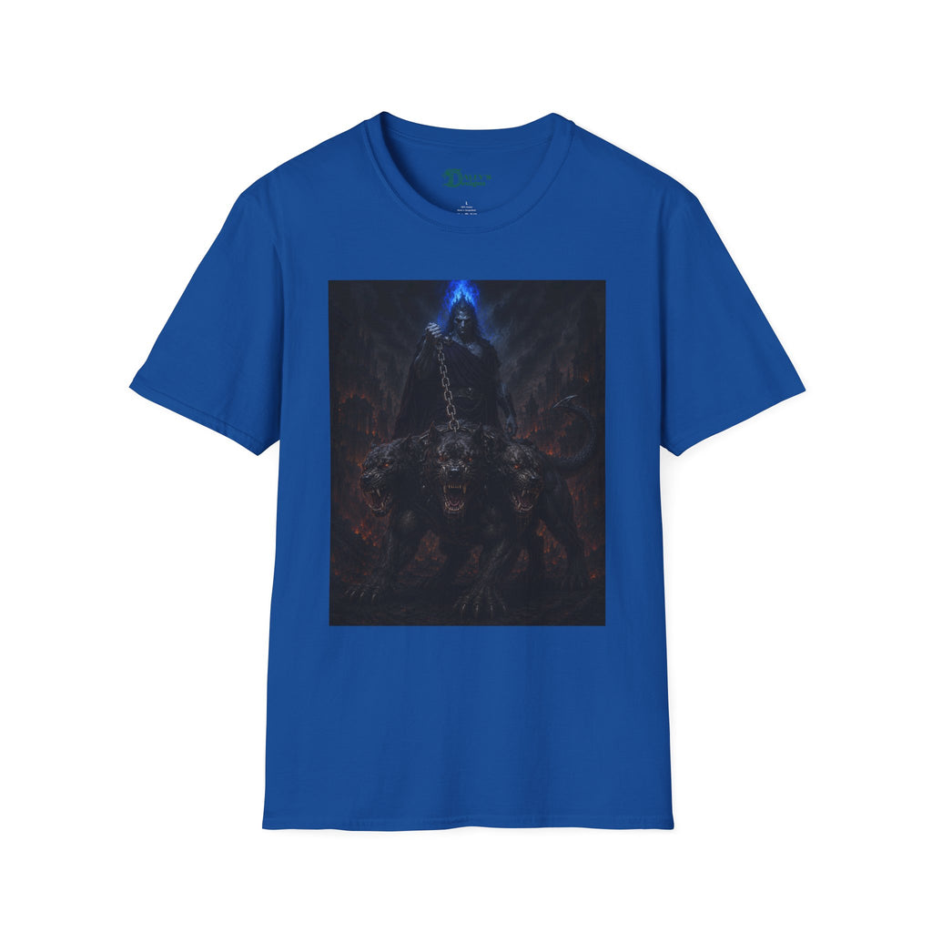 Dark Hades T-Shirt — Hades & Cerberus Design with Blue Flame Hood