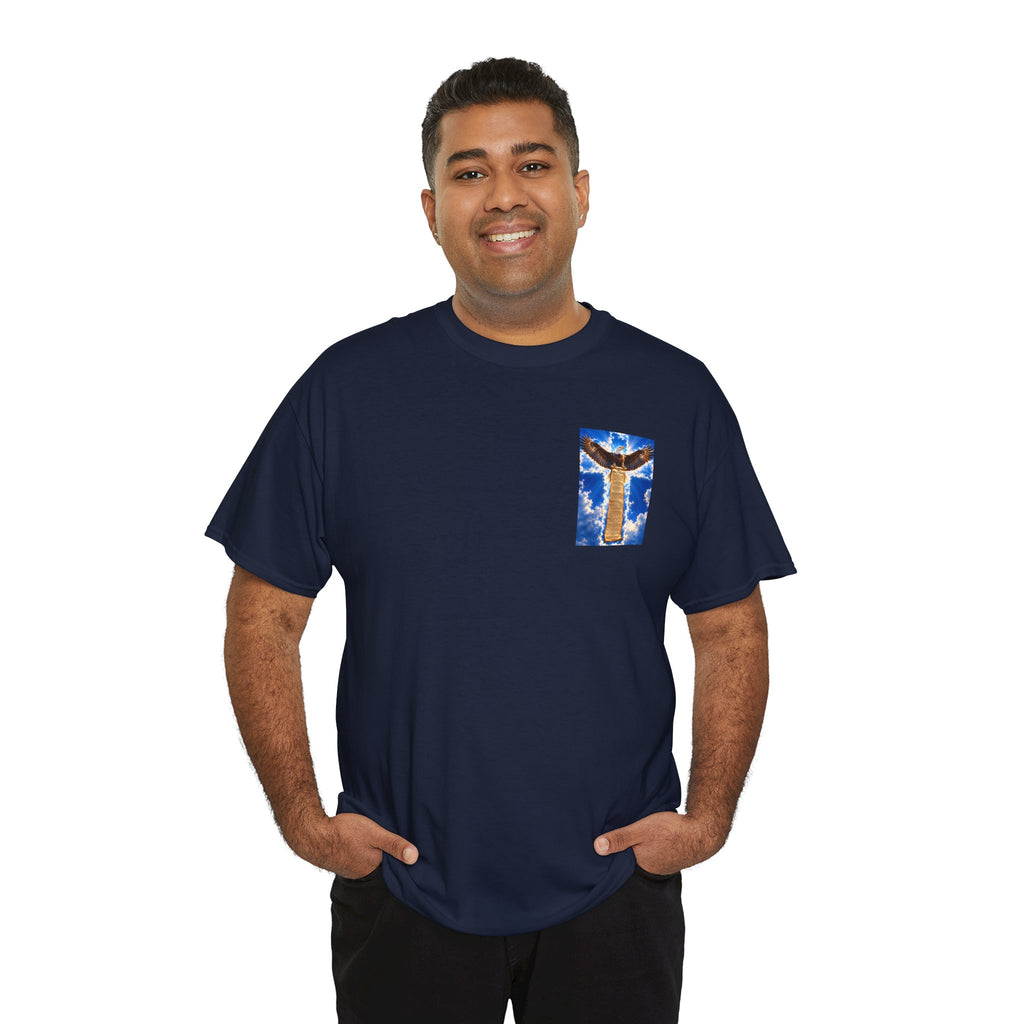Eagle Crossback T‑Shirt – Soaring Eagle Over Golden Cross Sky Graphic Tee