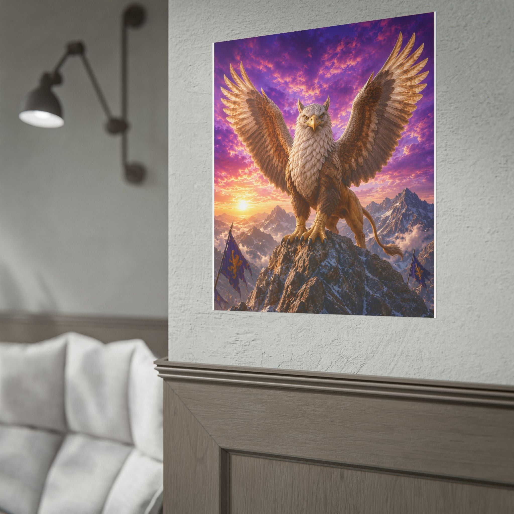 Gryffin Sunset Poster — Fantasy Winged Gryphon Wall Art
