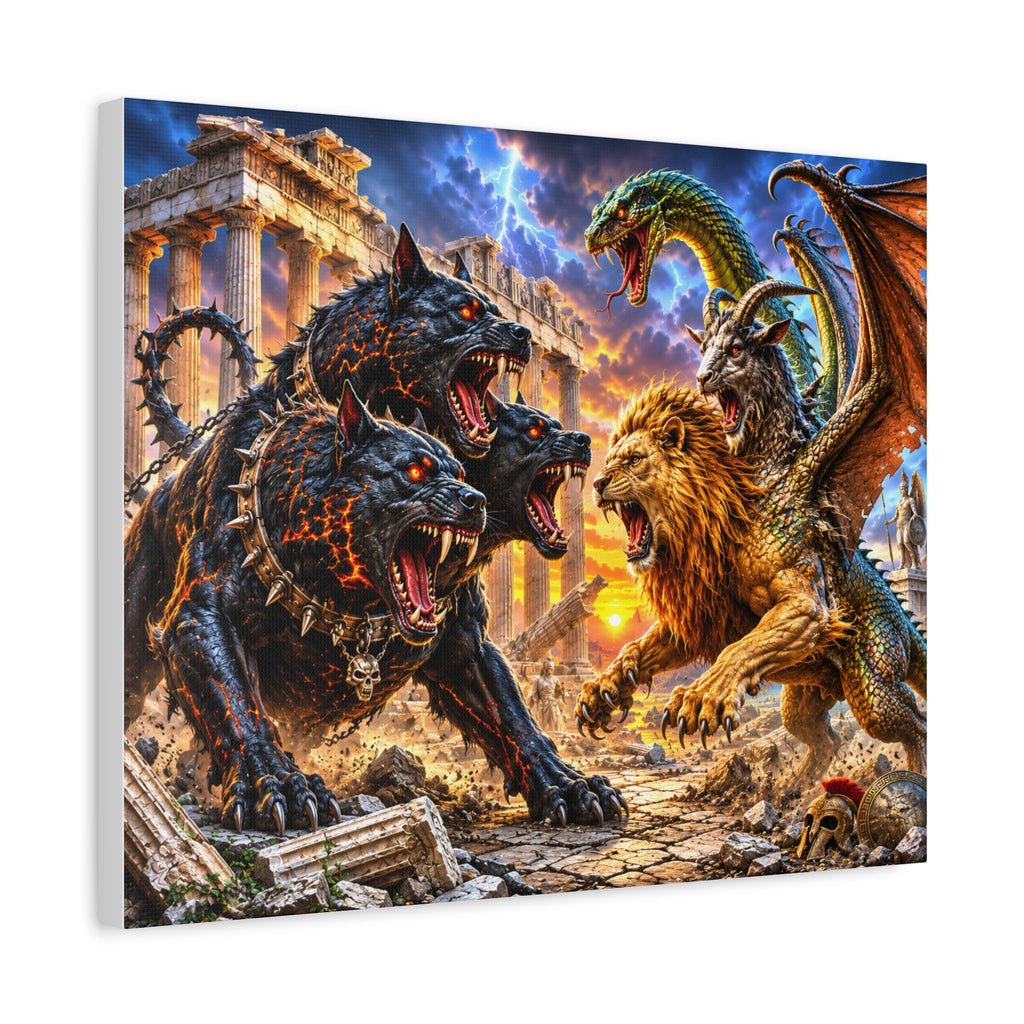 Mythic Monster Battle Matte Canvas Wall Art — Cerberus vs Chimera Fantasy Print