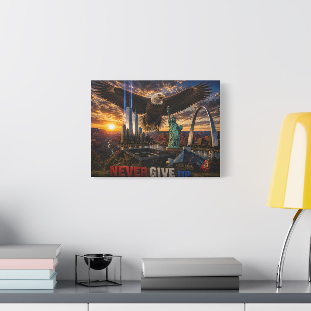 Never Give Up Eagle Canvas Wall Art — Patriotic Inspirational Matte Stretched Print