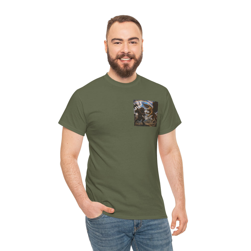 Mythic Battle Graphic Tee — gryphon vs. minatour Warrior Art Shirt