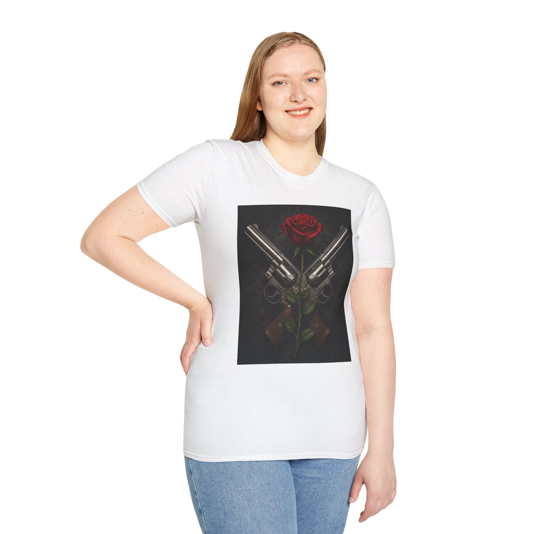 Gun & Rose Graphic T‑Shirt — Crossed Revolvers with Red Rose