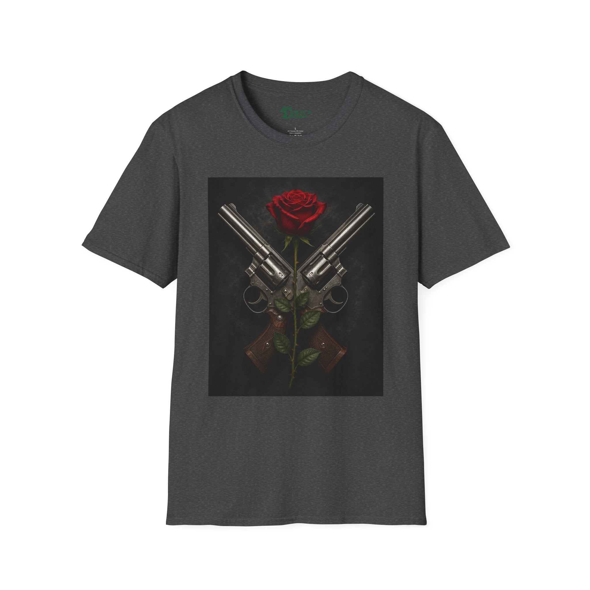 Gun & Rose Graphic T‑Shirt — Crossed Revolvers with Red Rose