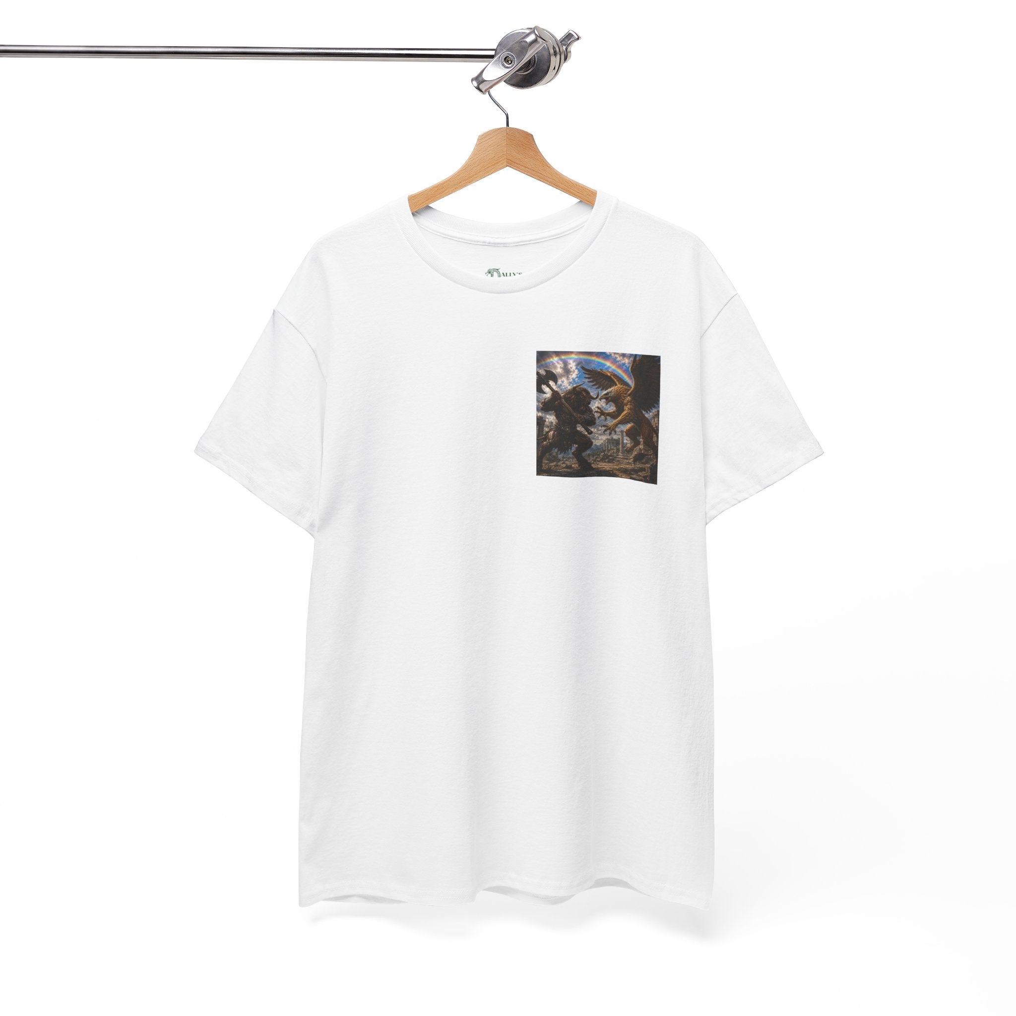 Mythic Battle Graphic Tee — gryphon vs. minatour Warrior Art Shirt