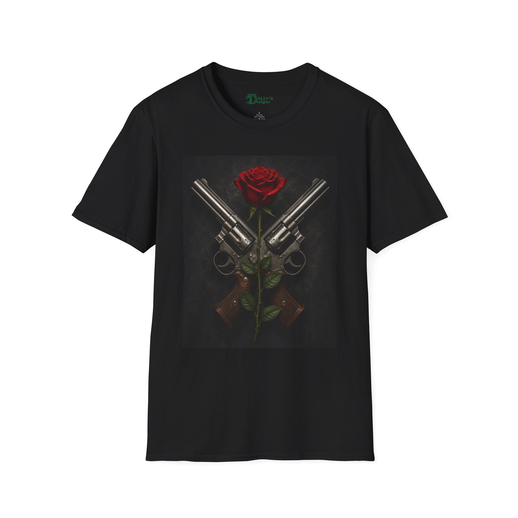 Gun & Rose Graphic T‑Shirt — Crossed Revolvers with Red Rose