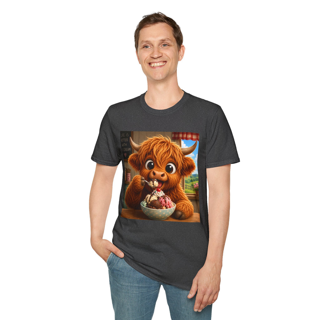 Highland Cow T‑Shirt — Cartoon  Eating Ice Cream