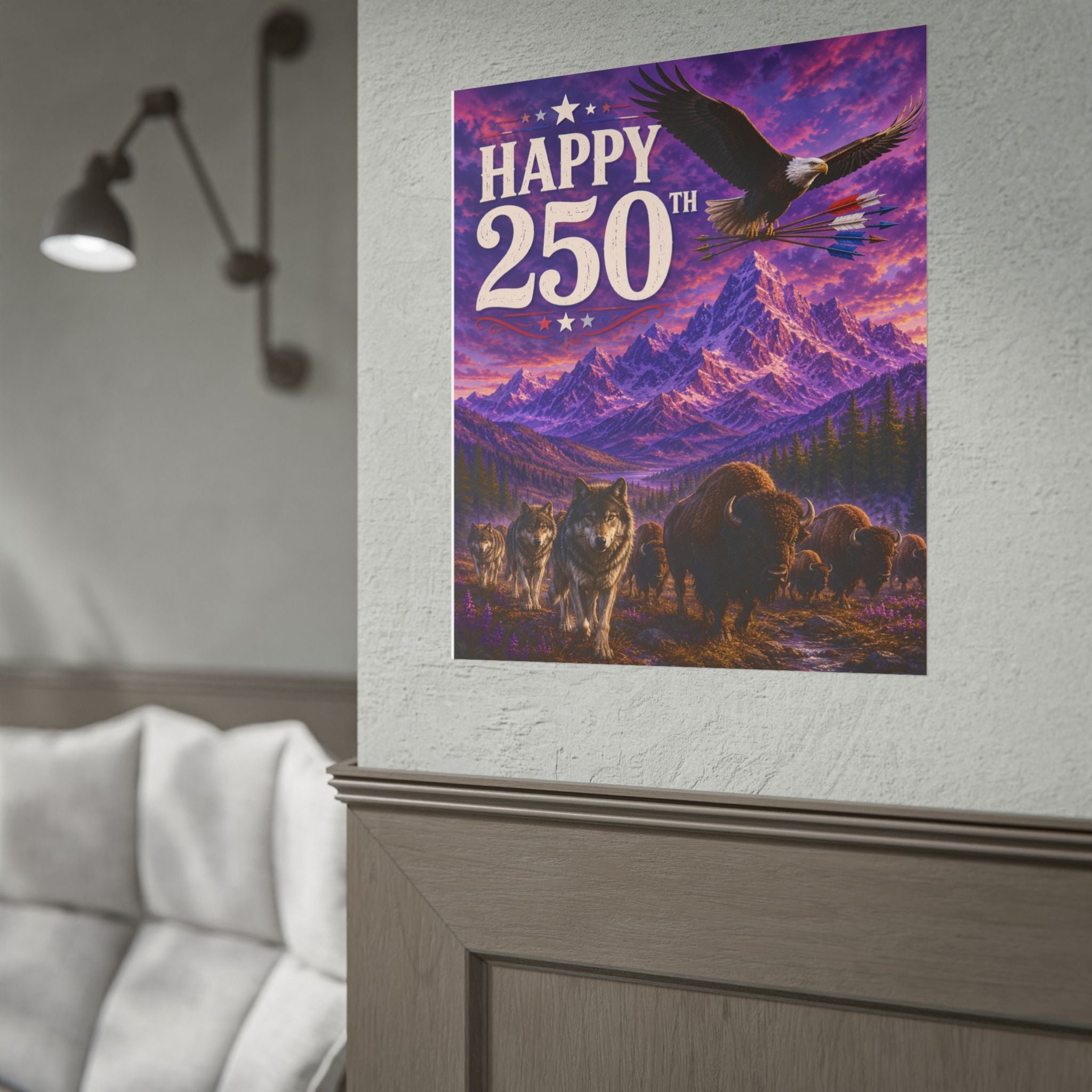 Happy 250th Poster — Patriotic Eagle, Wolves & Bison Mountain Scene