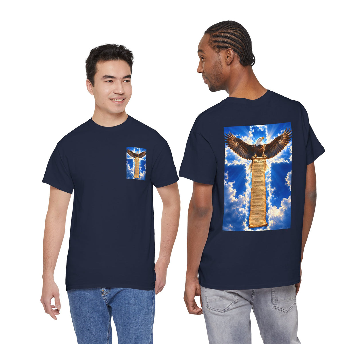 Eagle Crossback T‑Shirt – Soaring Eagle Over Golden Cross Sky Graphic Tee