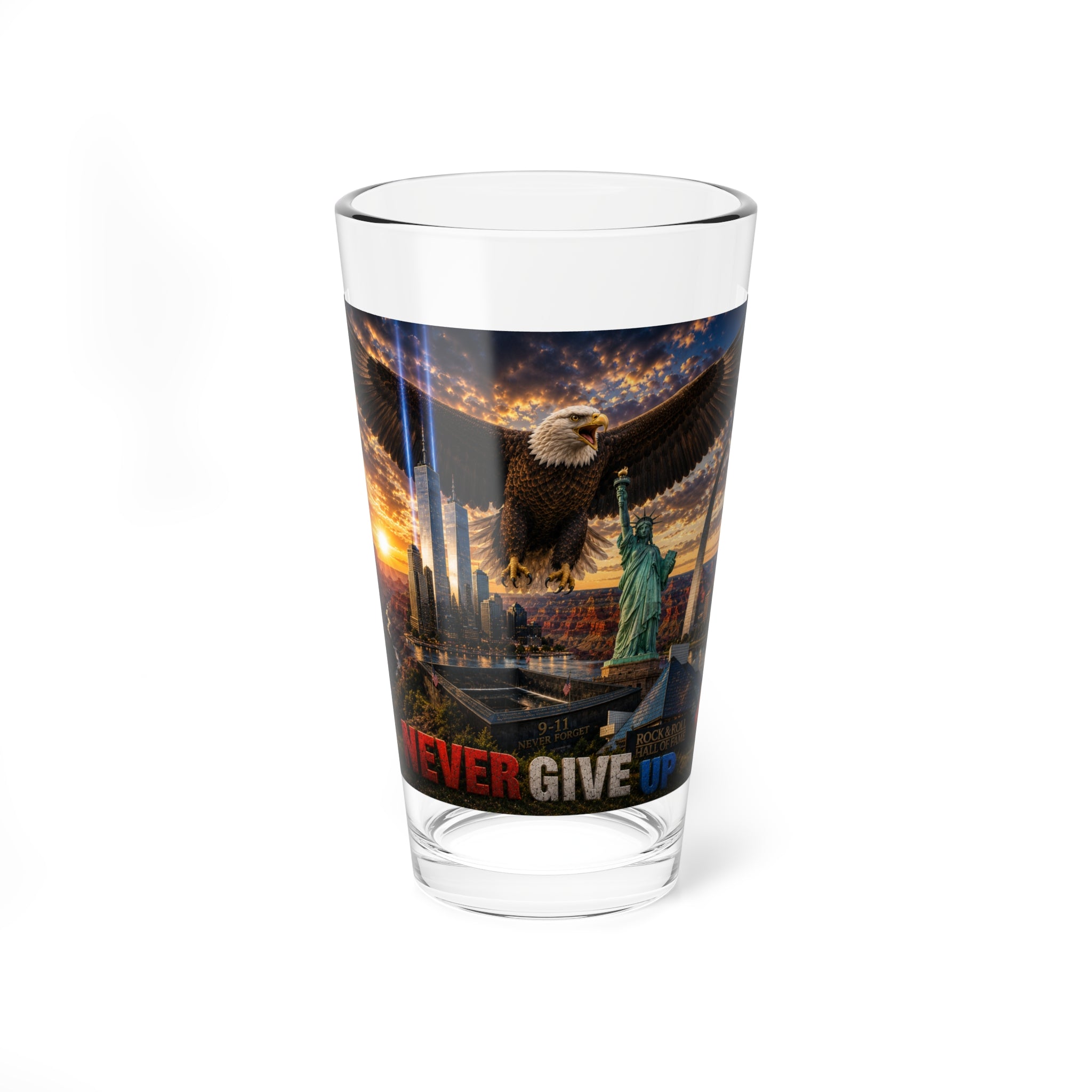 Never Give Up 16oz Mixing Glass – Patriotic Eagle & Cityscape Cocktail Glass