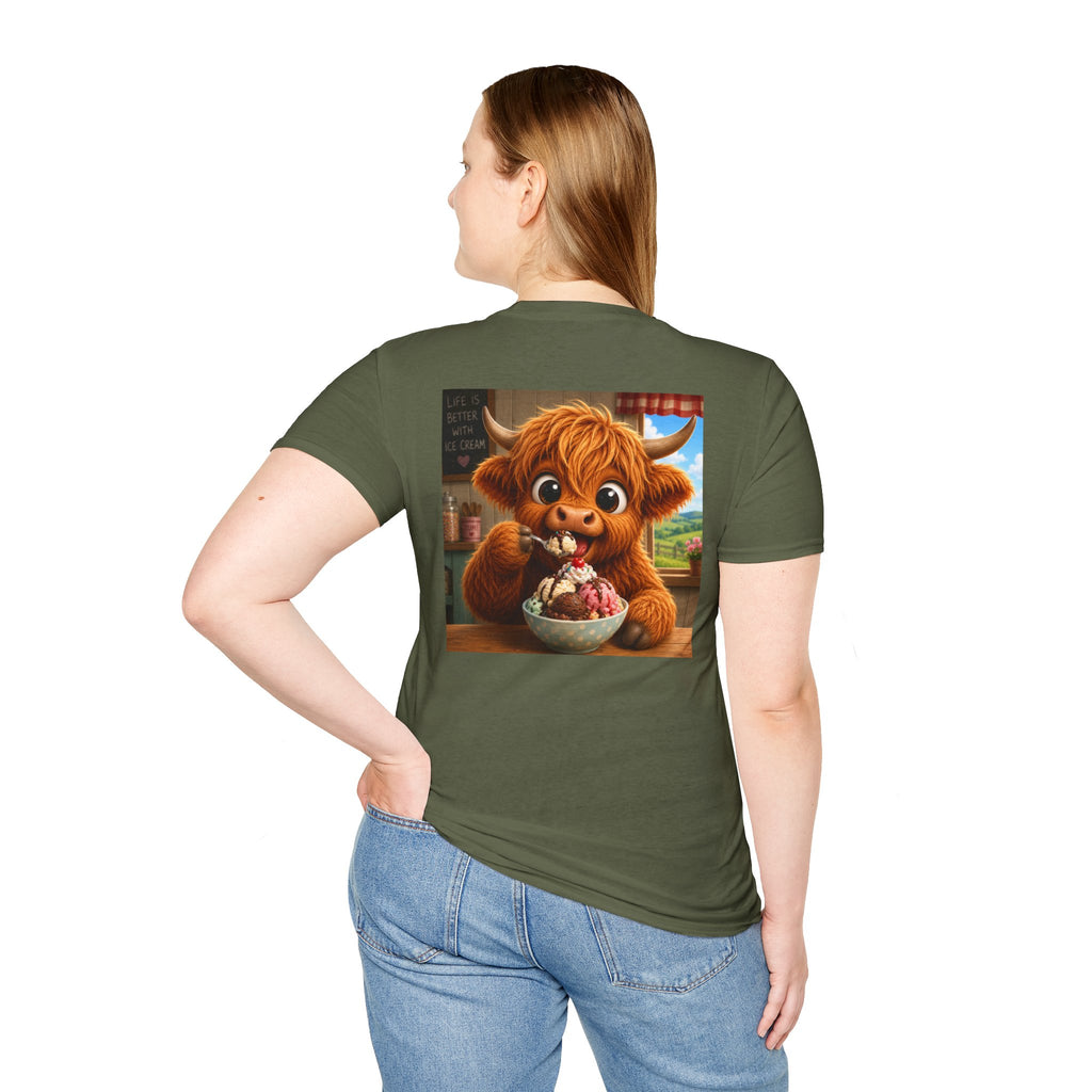 Highland Cow T‑Shirt — Cartoon  Eating Ice Cream
