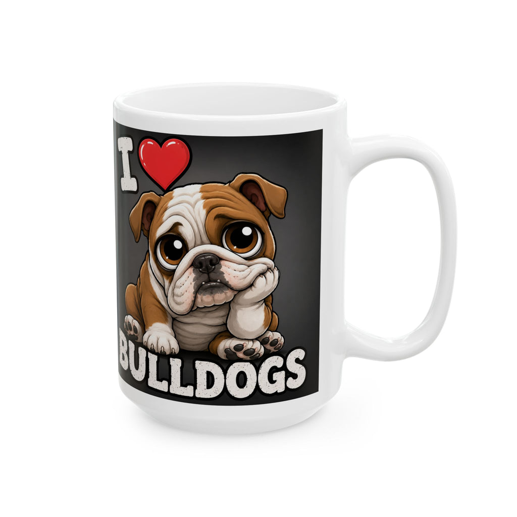 I Love Bulldogs Ceramic Mug — Cute Cartoon Bulldog Coffee Cup (11oz & 15oz)