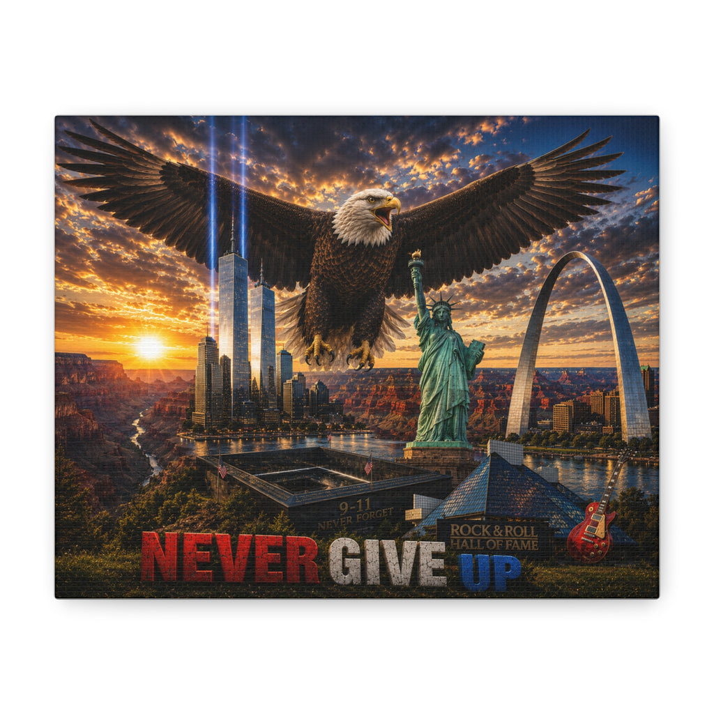 Never Give Up Eagle Canvas Wall Art — Patriotic Inspirational Matte Stretched Print