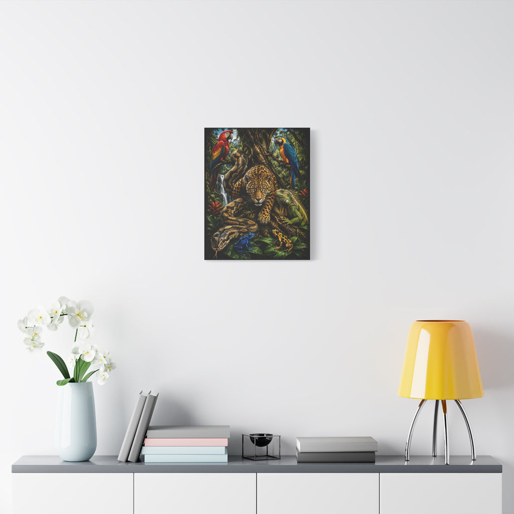 Jungle Wildlife Canvas Print — Jaguar, Parrot & Reptile Tropical Wall Art