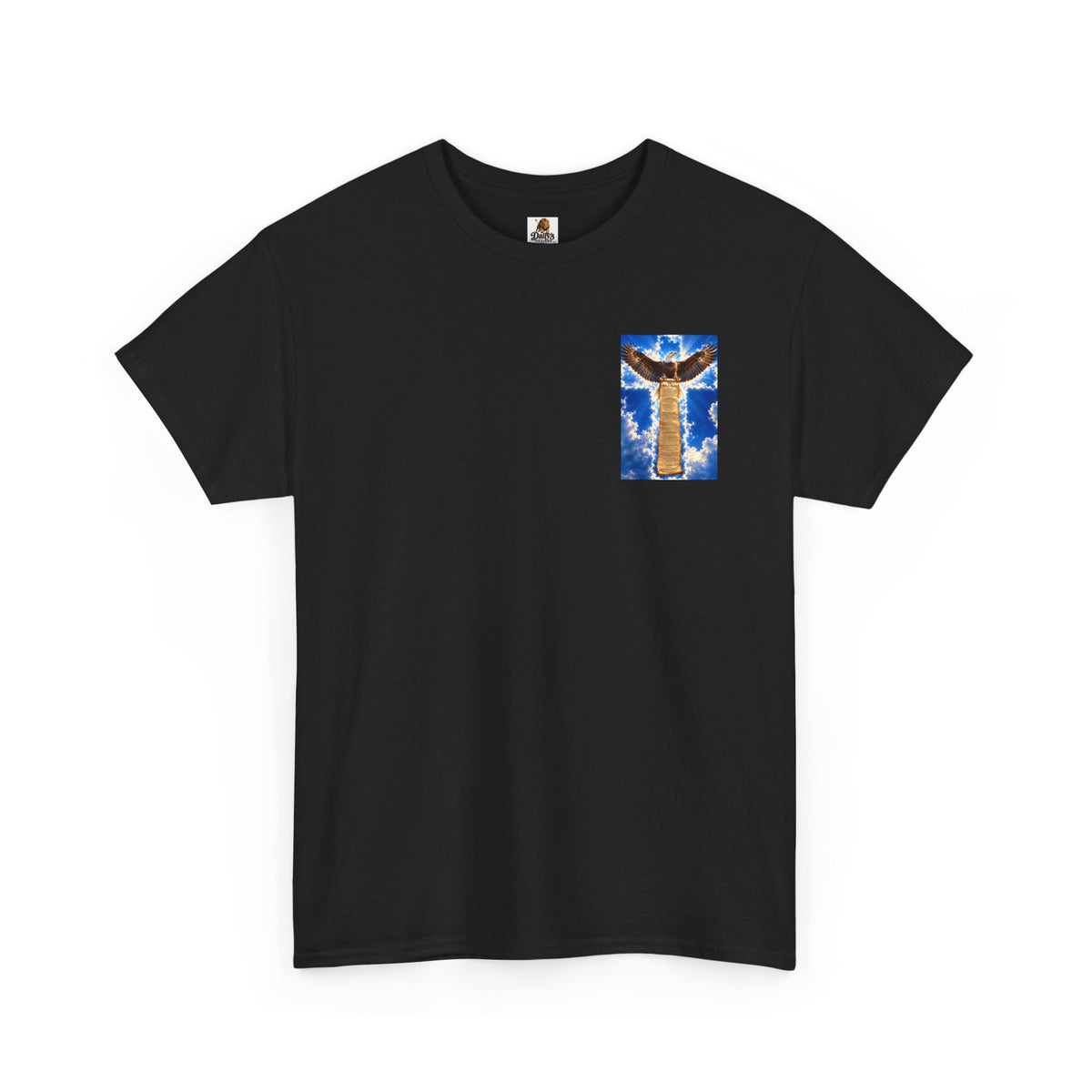 Eagle Crossback T‑Shirt – Soaring Eagle Over Golden Cross Sky Graphic Tee