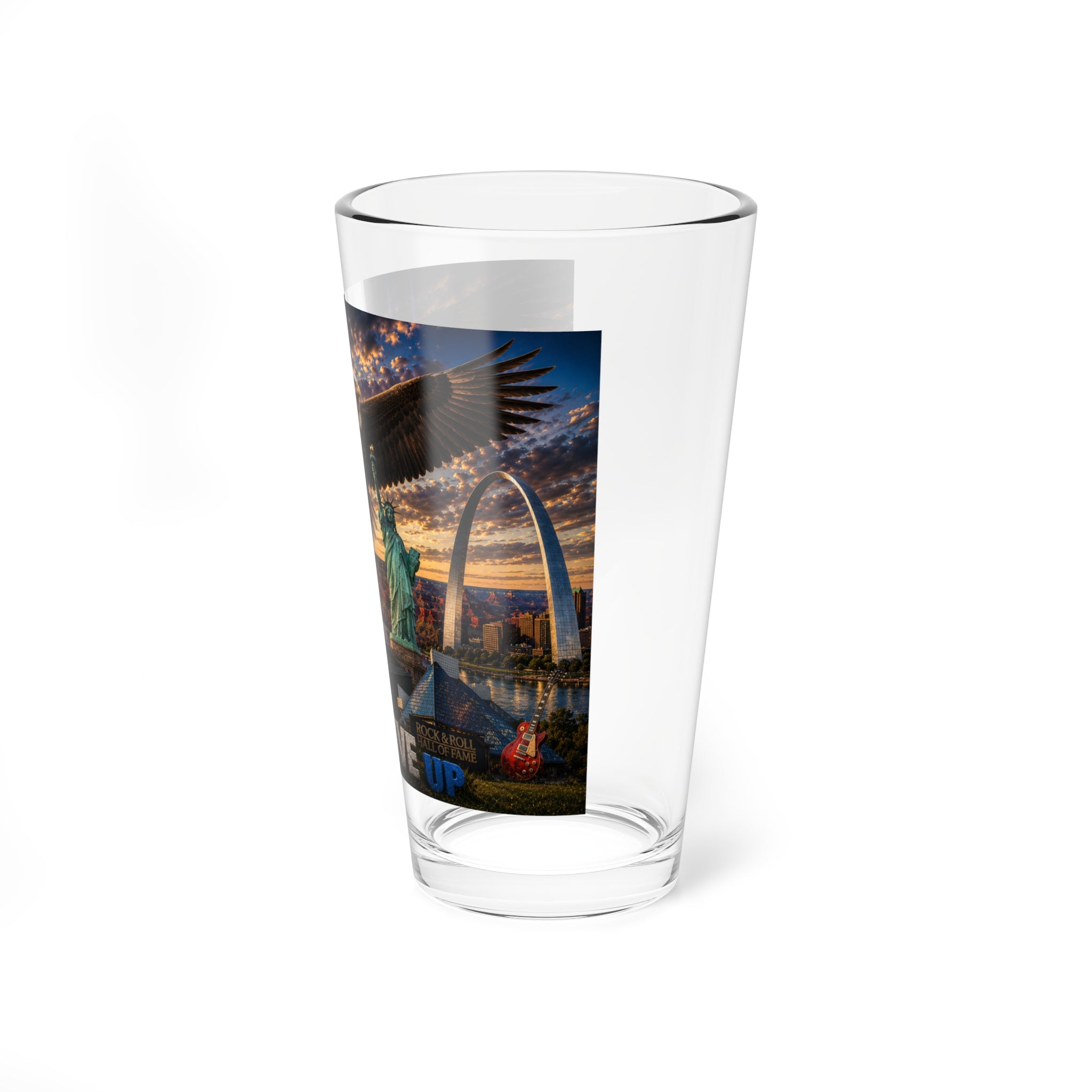 Never Give Up 16oz Mixing Glass – Patriotic Eagle & Cityscape Cocktail Glass