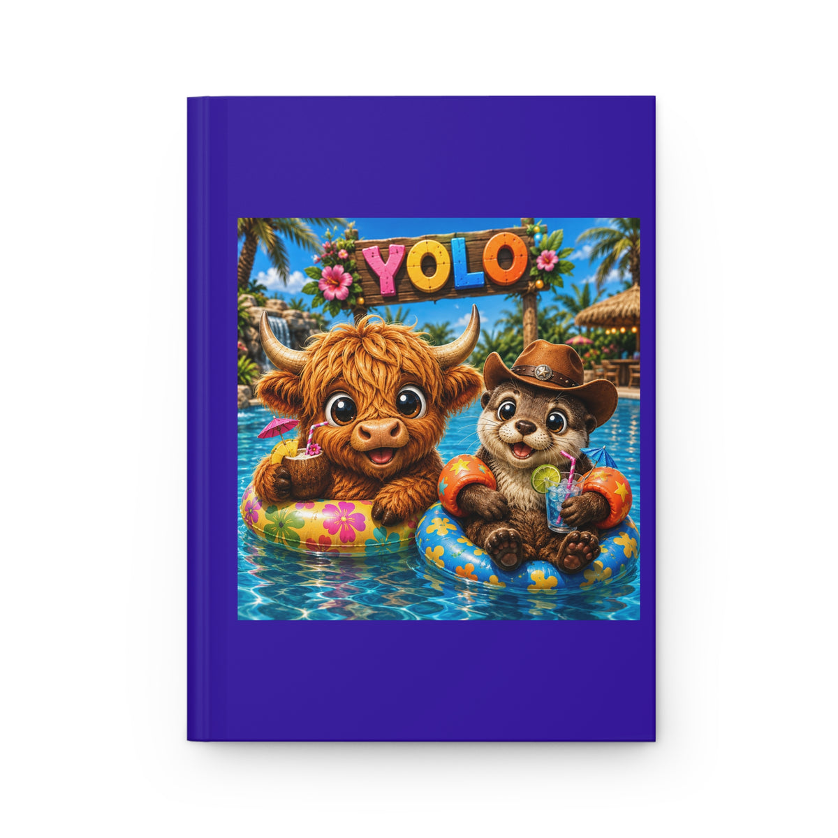 YOLO Summer Journal — Cute highland cow and otter Pool Hardcover Notebook