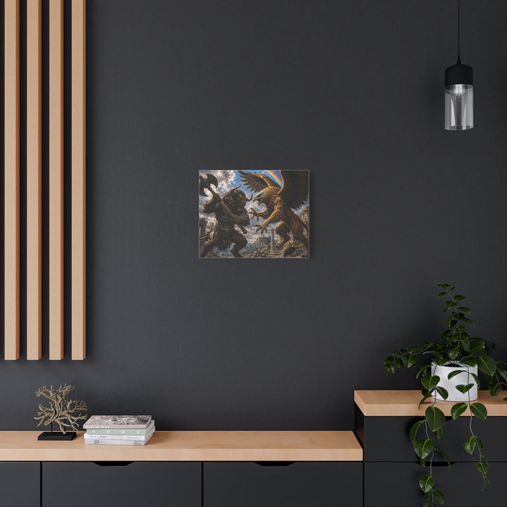 Fantasy Battle Canvas Print — Minotaur vs Gryphon Matte Stretched Wall Art