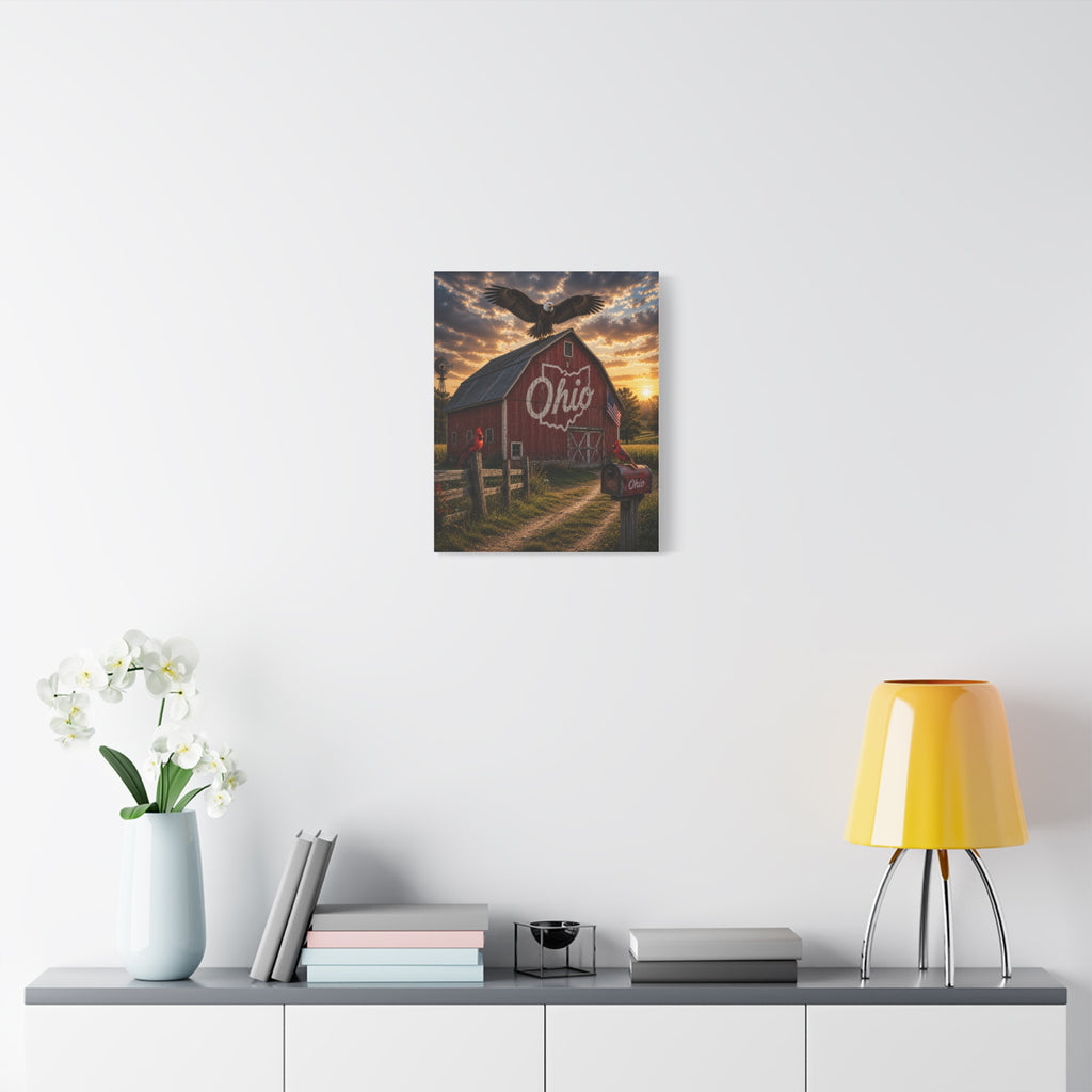Ohio Barn Canvas Wall Art — Rustic Sunset Farm Scene with Bald Eagle & Cardinals