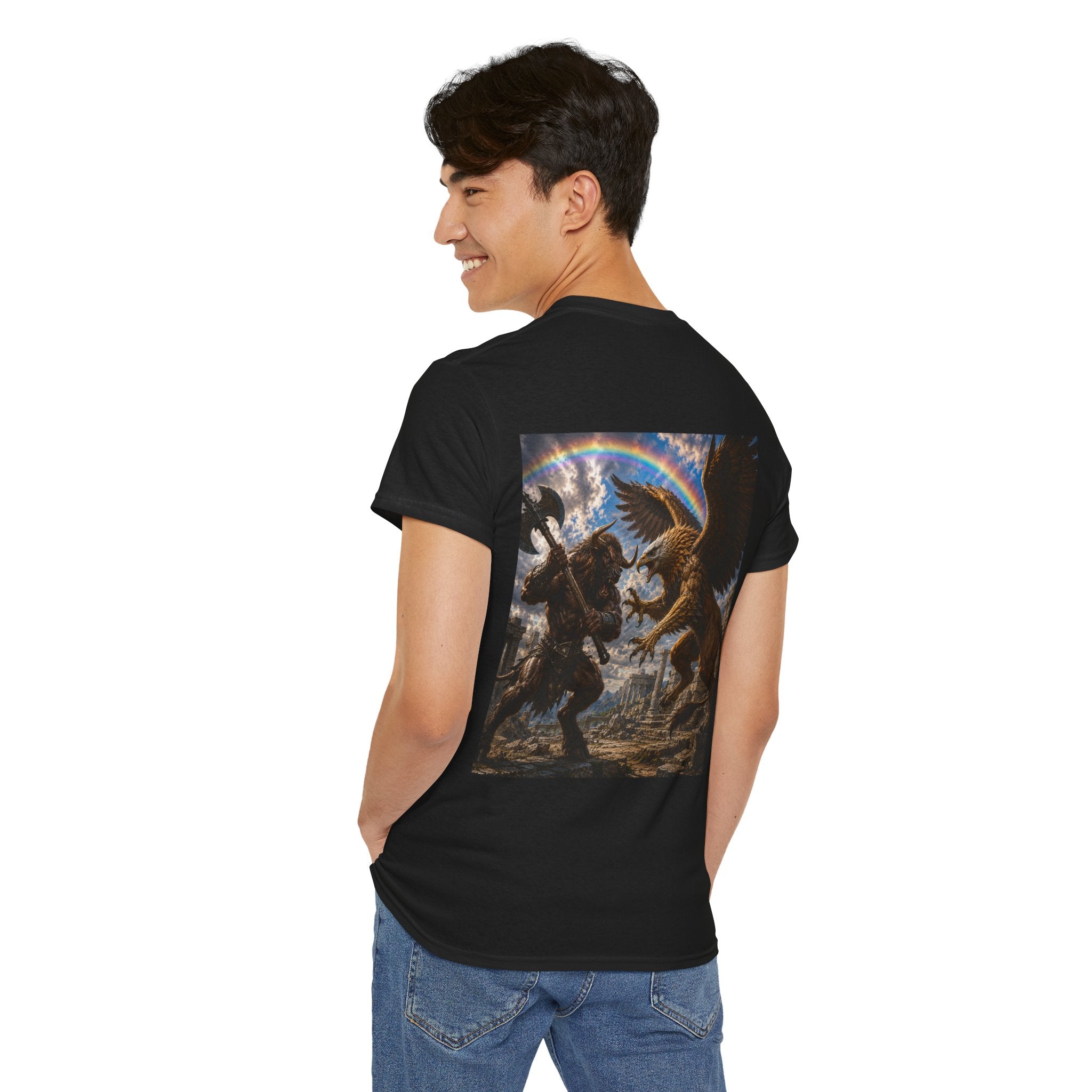 Mythic Battle Graphic Tee — gryphon vs. minatour Warrior Art Shirt