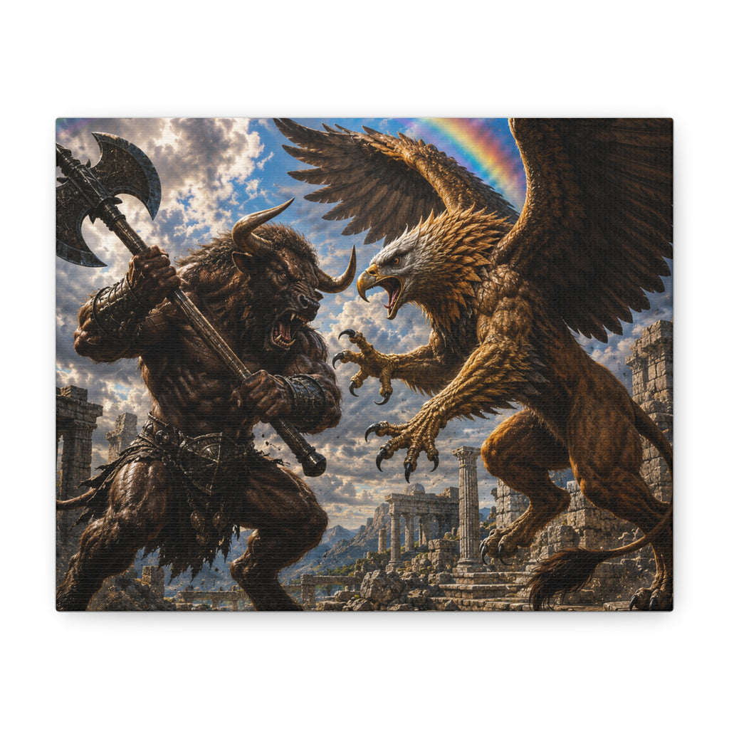 Fantasy Battle Canvas Print — Minotaur vs Gryphon Matte Stretched Wall Art