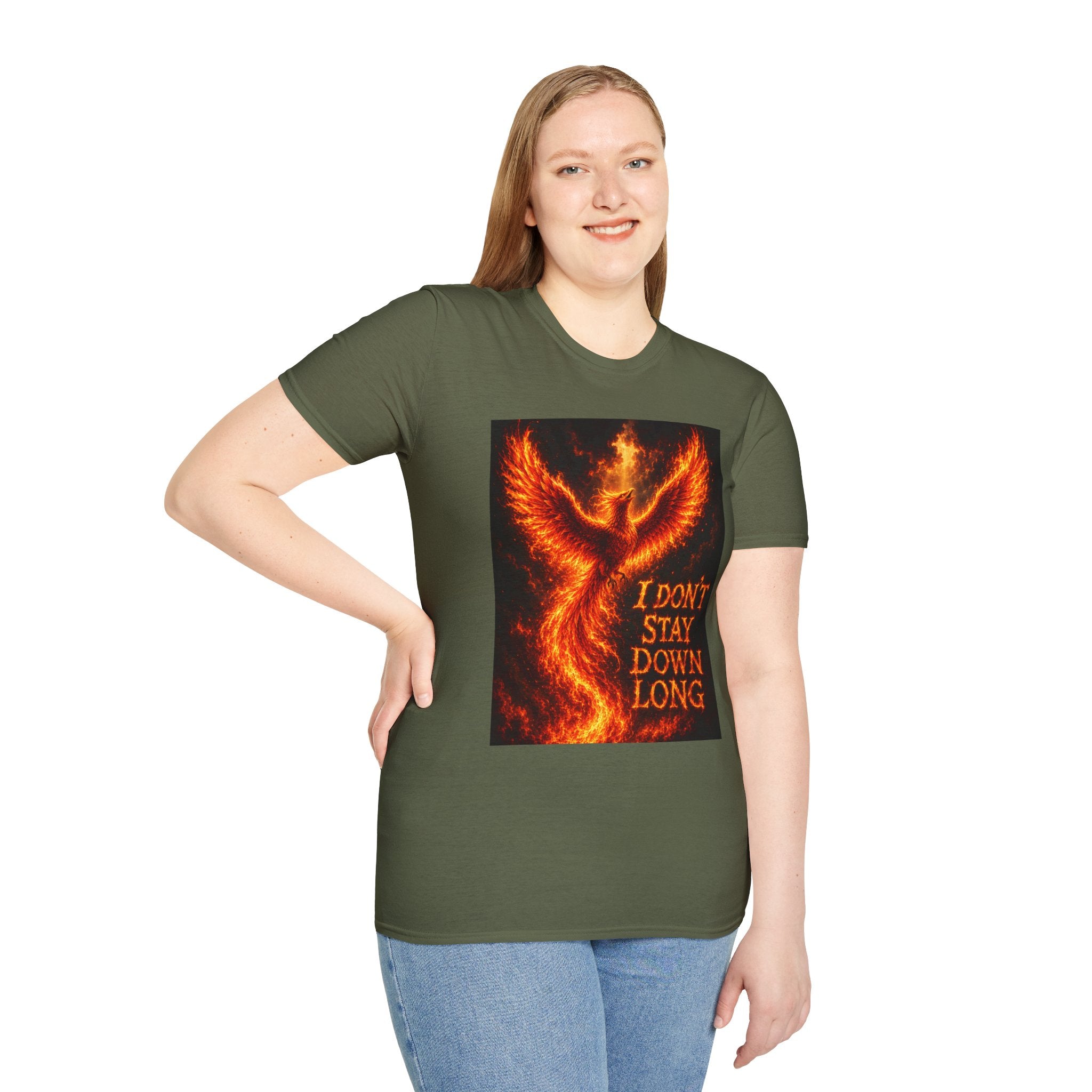 Phoenix T-Shirt — 'I Don't Stay Down Long'