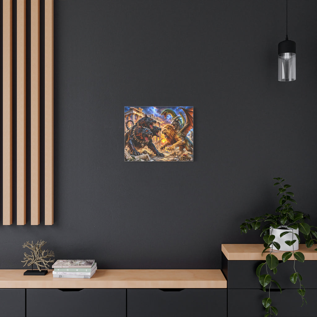 Mythic Monster Battle Matte Canvas Wall Art — Cerberus vs Chimera Fantasy Print