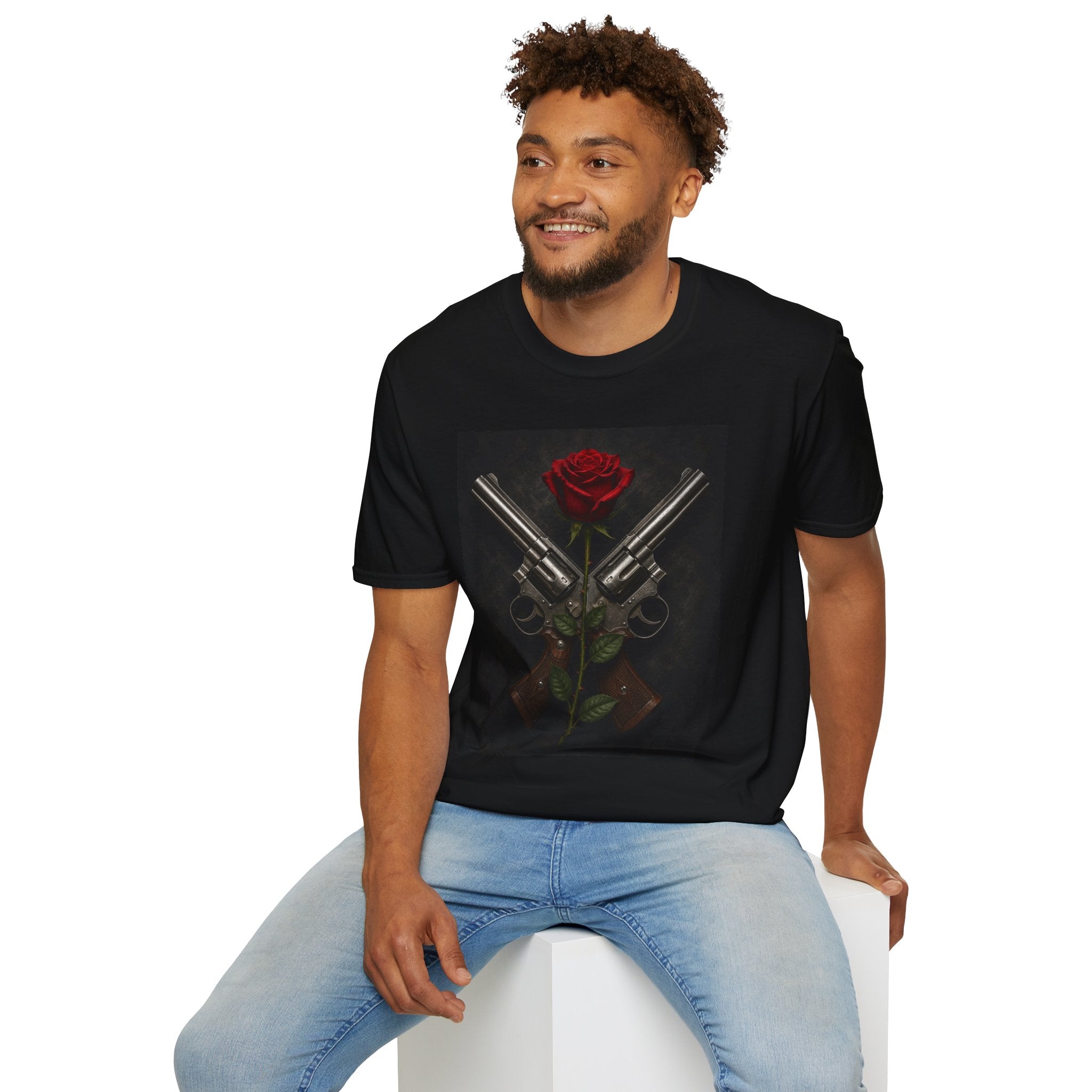 Gun & Rose Graphic T‑Shirt — Crossed Revolvers with Red Rose