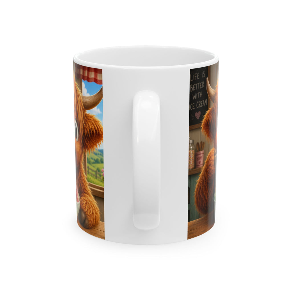 Ceramic Mug — Cute Scottish Cow with Ice Cream (11oz & 15oz)