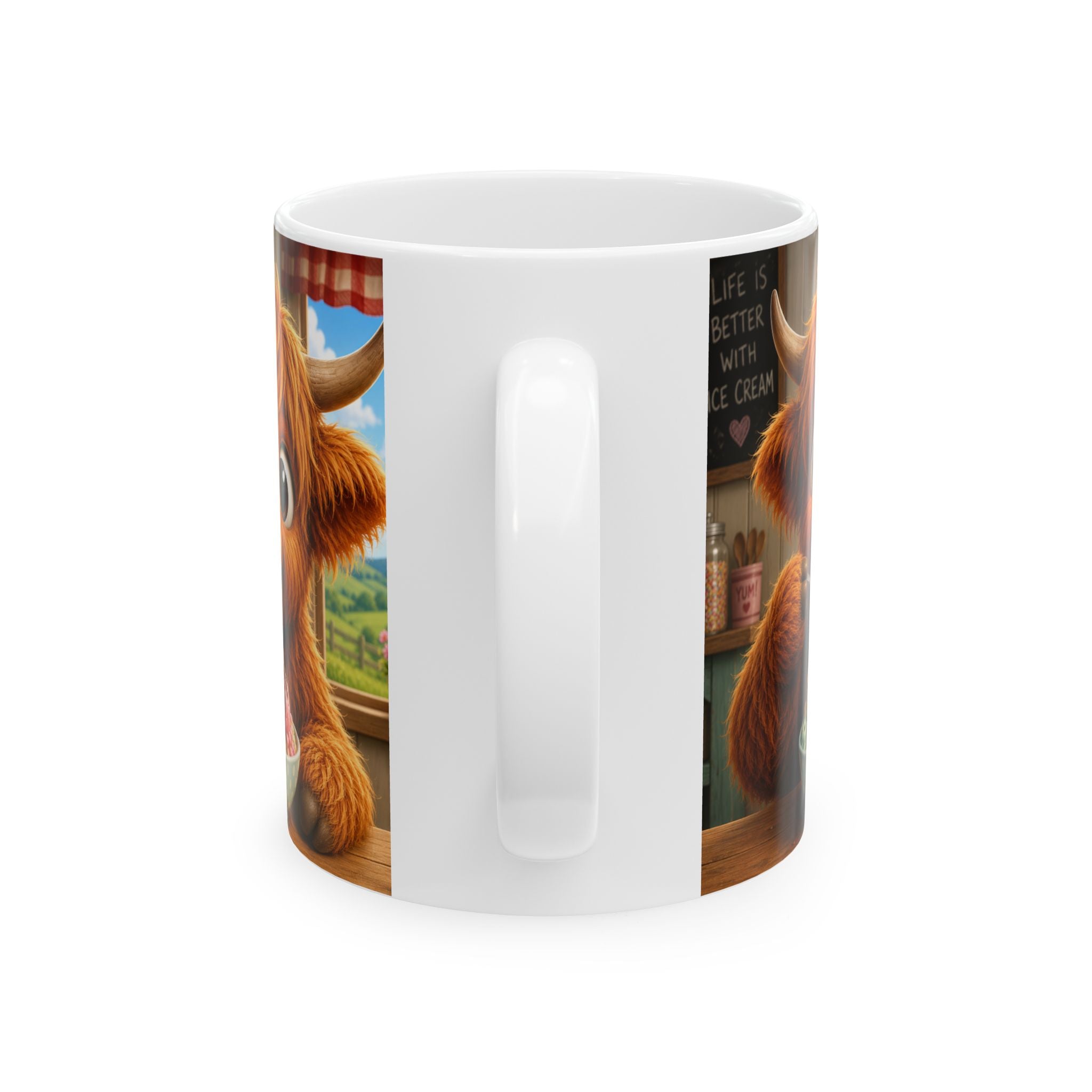 Ceramic Mug — Cute Scottish Cow with Ice Cream (11oz & 15oz)
