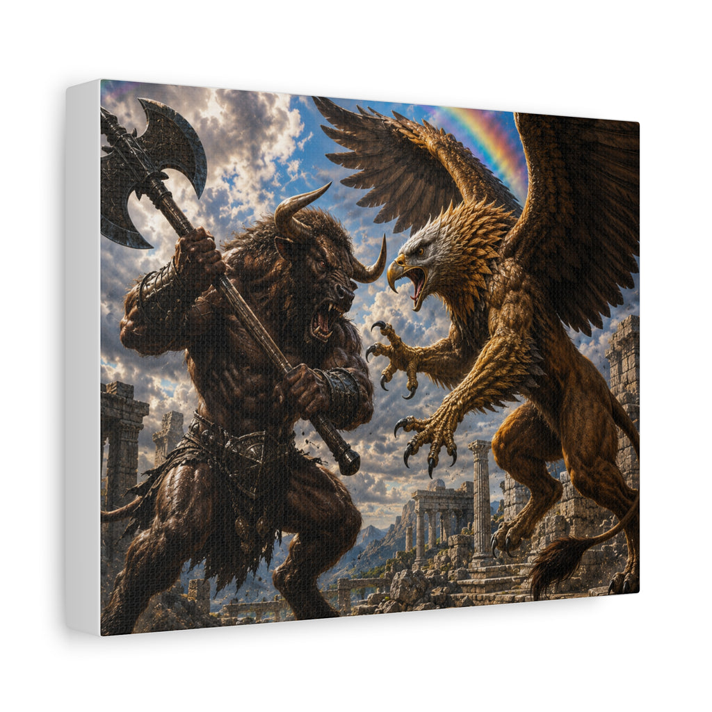 Fantasy Battle Canvas Print — Minotaur vs Gryphon Matte Stretched Wall Art