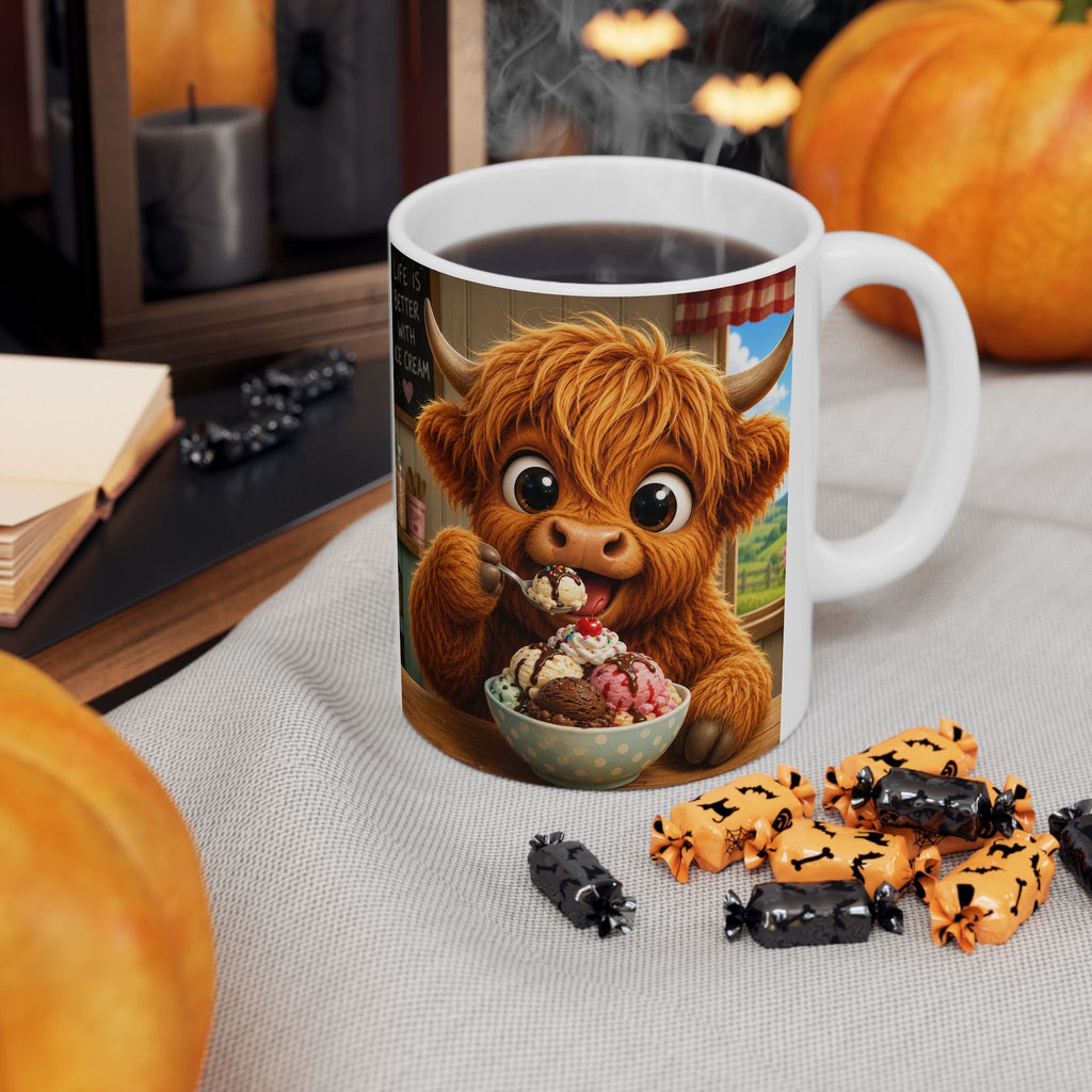 Ceramic Mug — Cute Scottish Cow with Ice Cream (11oz & 15oz)