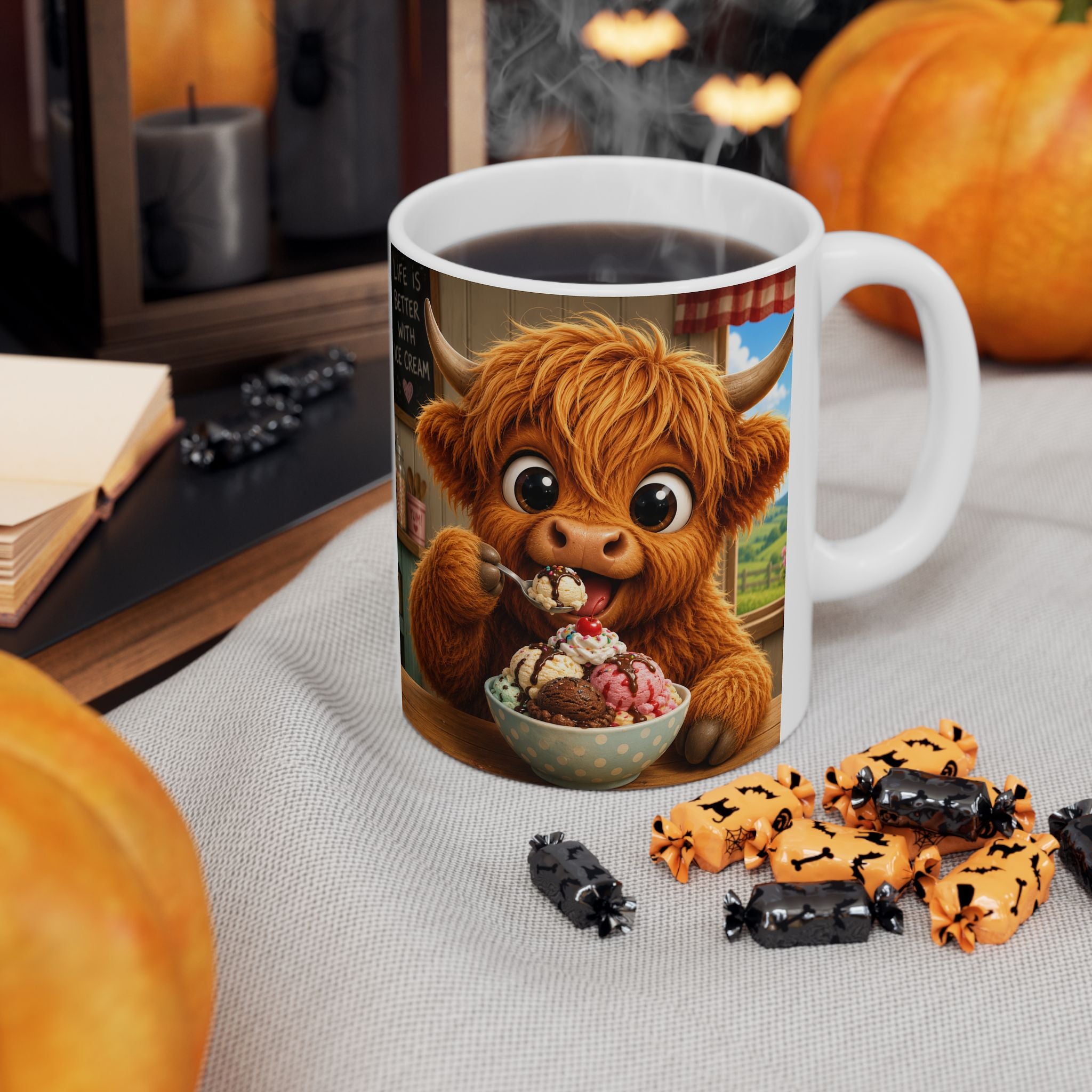 Ceramic Mug — Cute Scottish Cow with Ice Cream (11oz & 15oz)